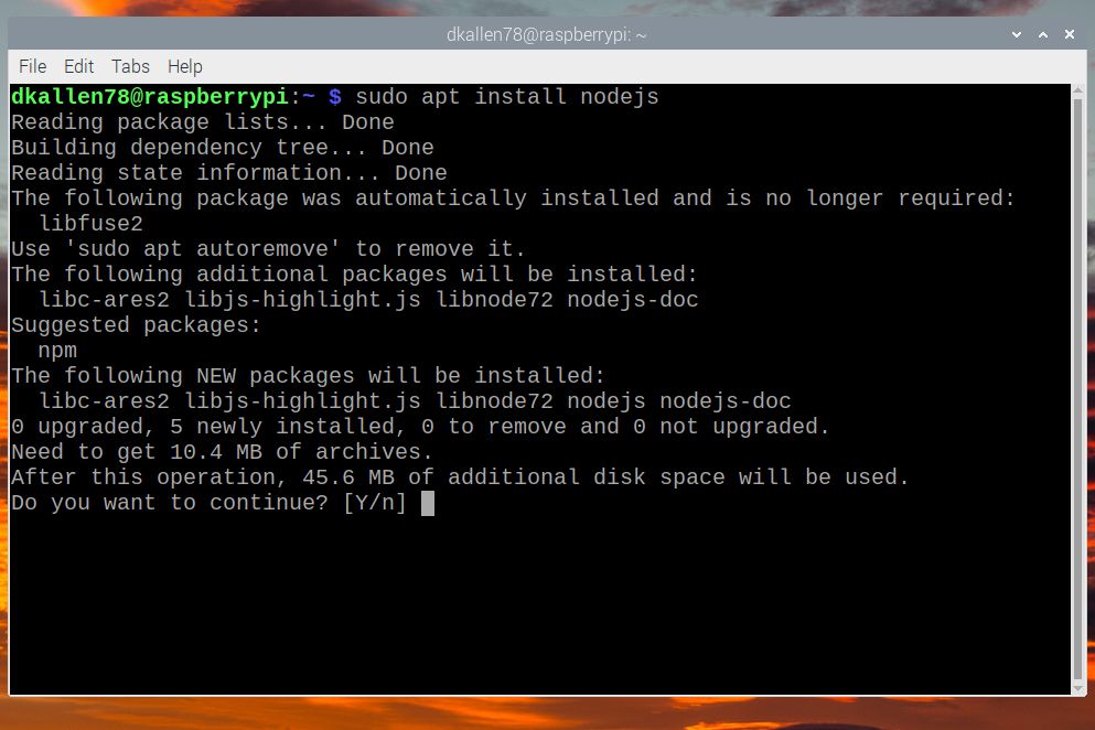 Terminal Raspberry Pi antes de instalar Node