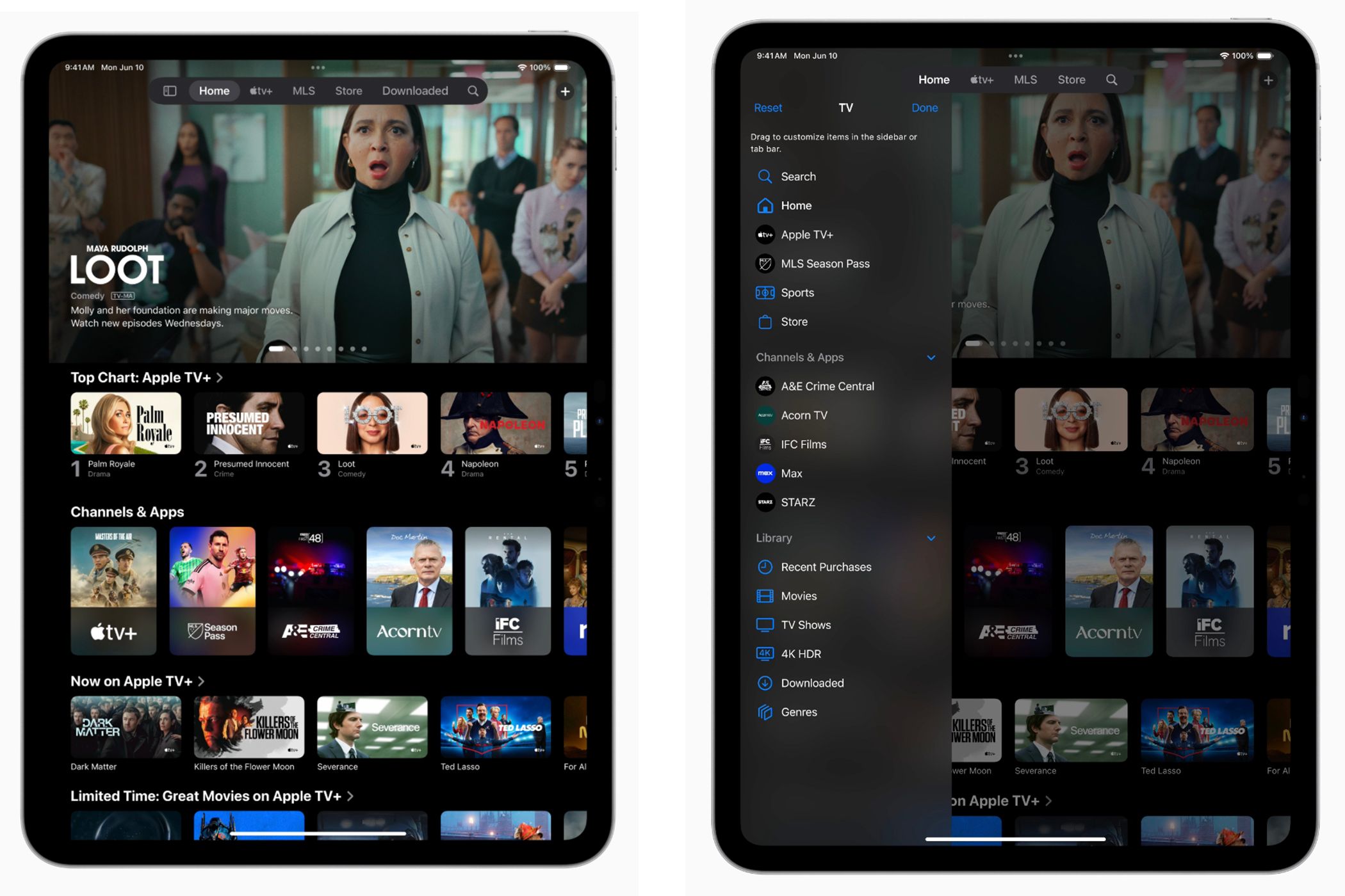 Imágenes una al lado de la otra que muestran el nuevo diseño de la barra de pestañas en iPadOS 18, dentro de la aplicación Apple TV+.