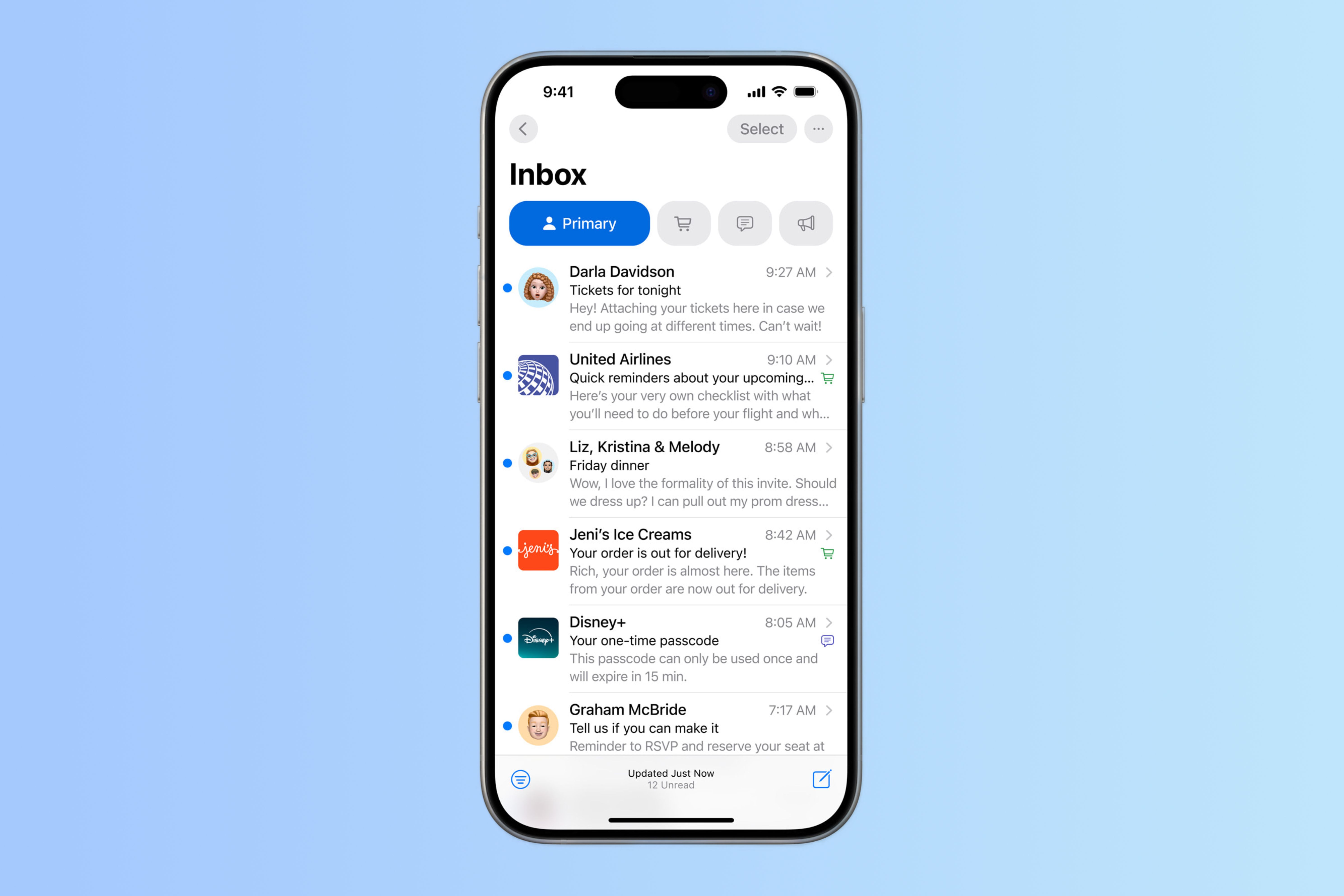 The redesigned mail app in iOS 18. 