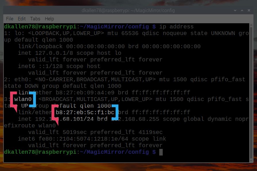 Salida de configuración de IP de Raspberry Pi que muestra la dirección MAC