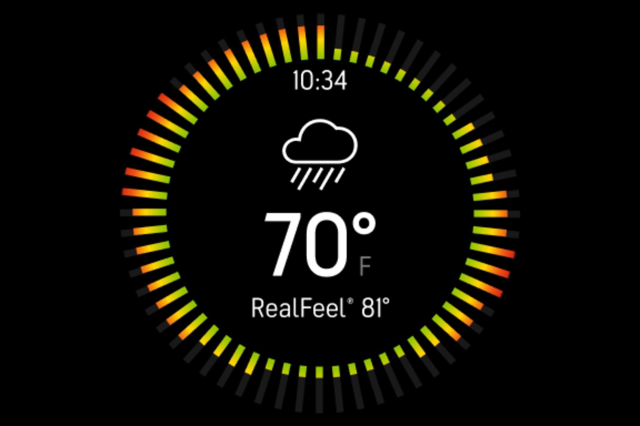 Una captura de pantalla que muestra la aplicación Accuweather WearOS.