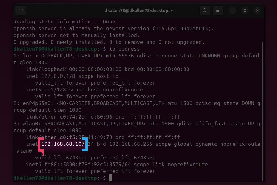 Terminal de Ubuntu que muestra el comando de dirección IP