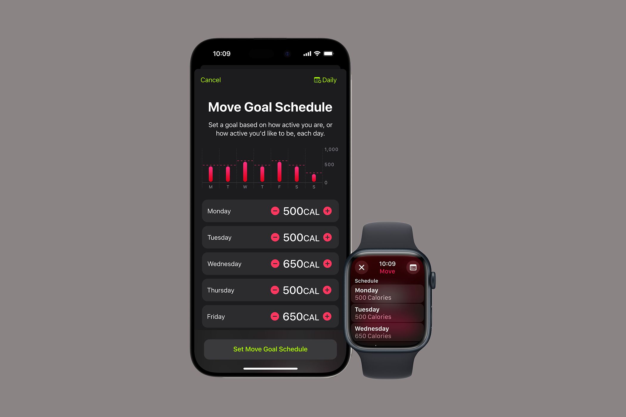 An Apple Watch beside an iPhone, both showing a Move Goal Schedule screen.
