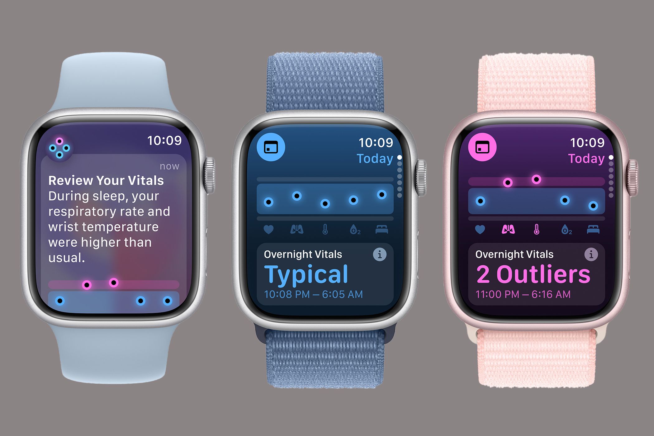 Three Apple Watches on a grey background showing the new Vitals app screens