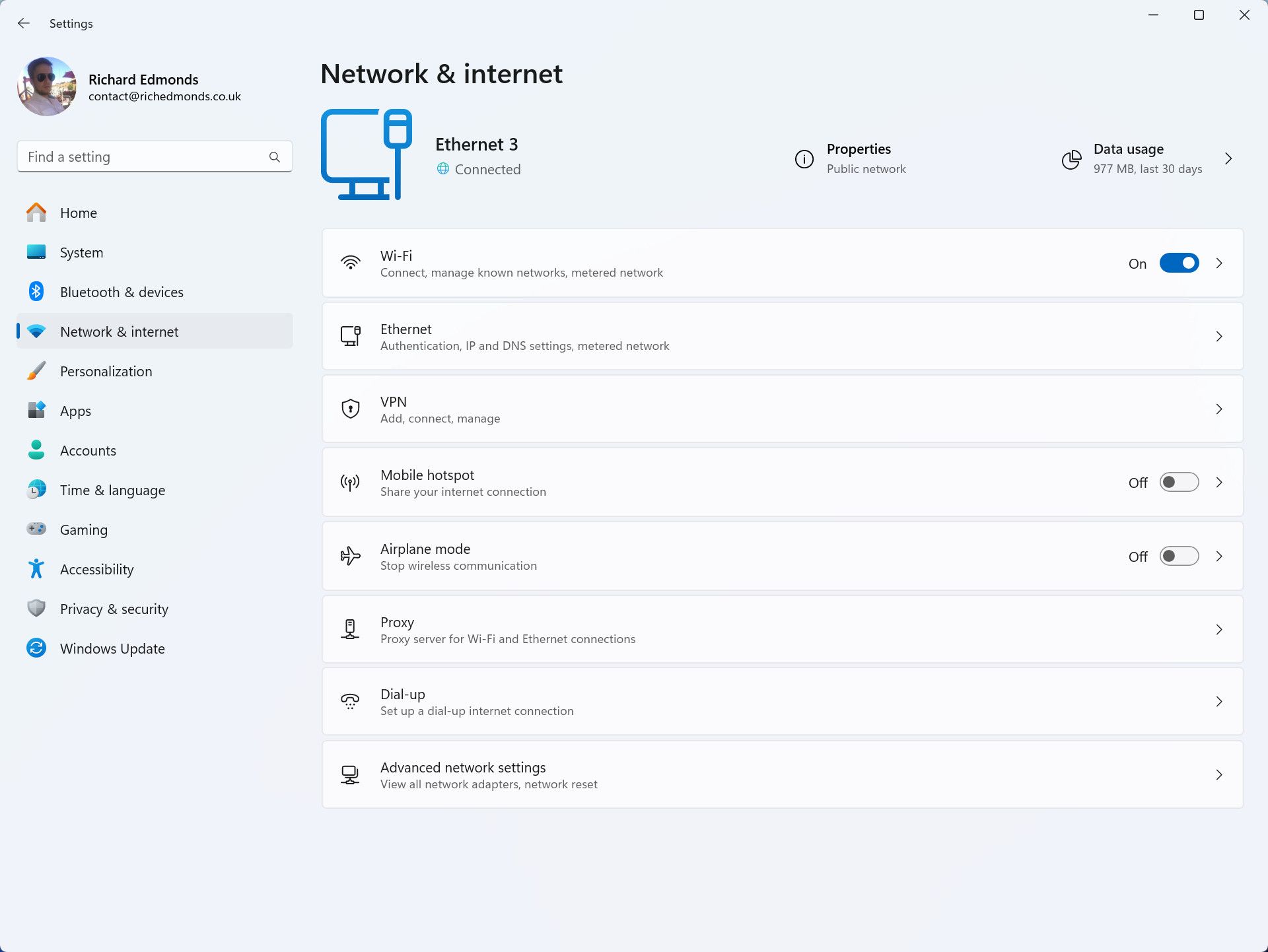 Windows 11 Settings network and internet