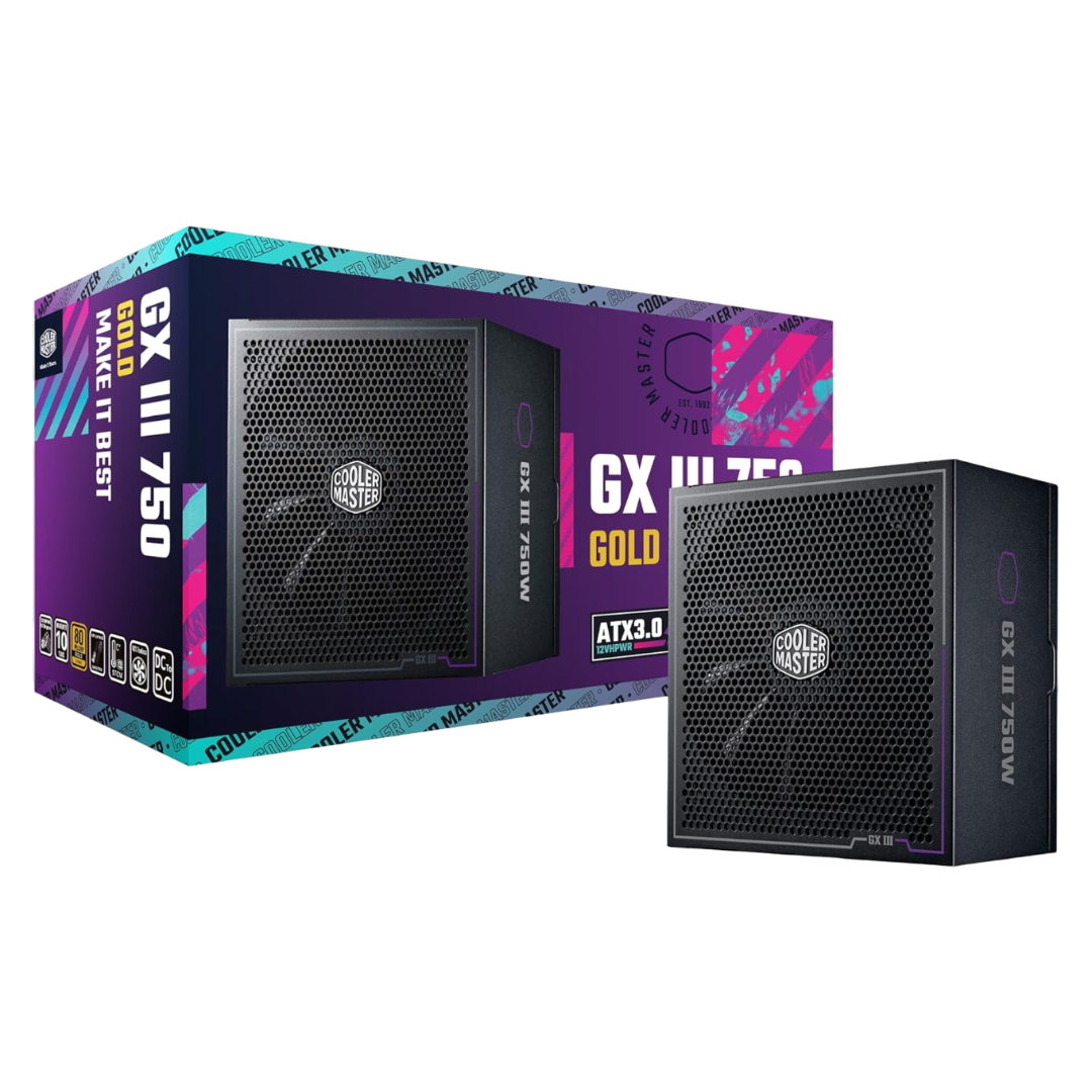 Representación de la fuente de alimentación Cooler Master GX 3 750W frente a su embalaje