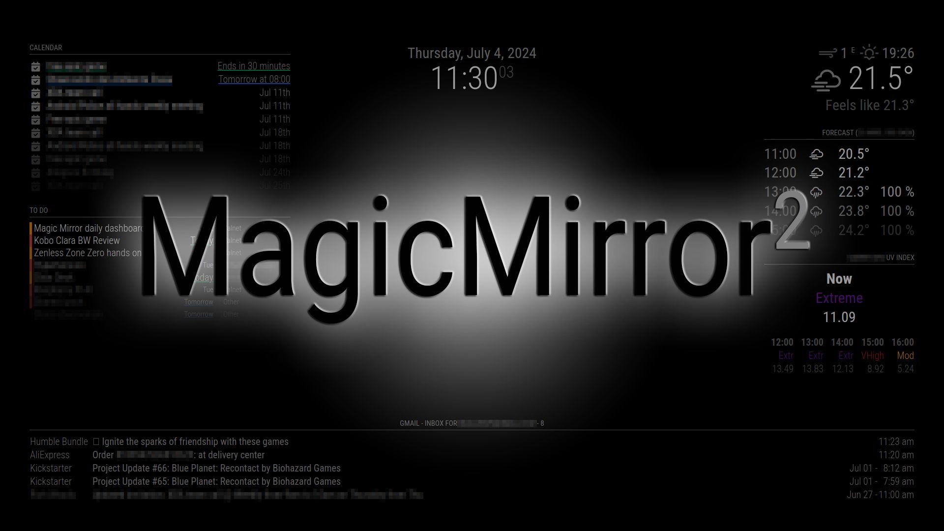 Logotipo de MagicMirror sobre una captura de pantalla de una pantalla MagicMirror