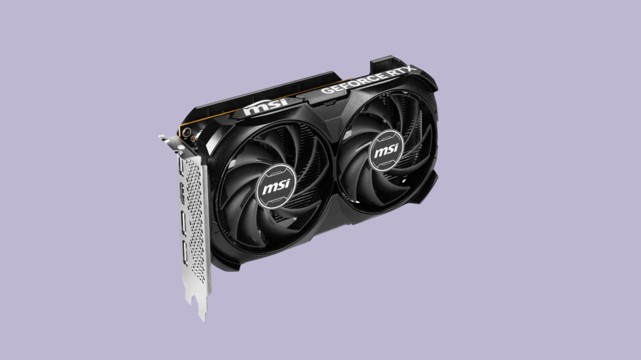 Una imagen de la MSI Gaming GeForce RTX 4060 colocada sobre un fondo morado