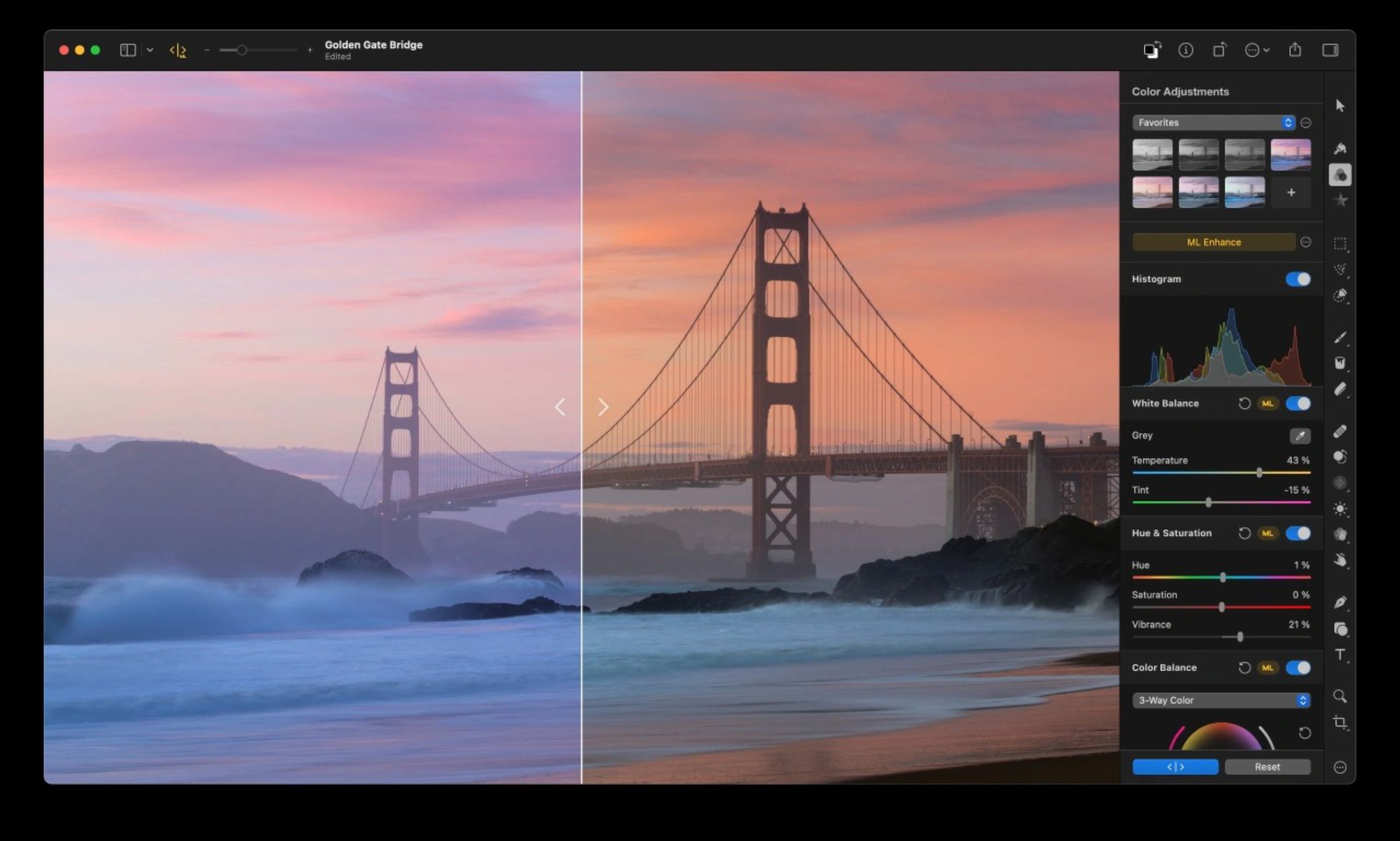 Pixelmator Pro editando una imagen del puente Golden Gate