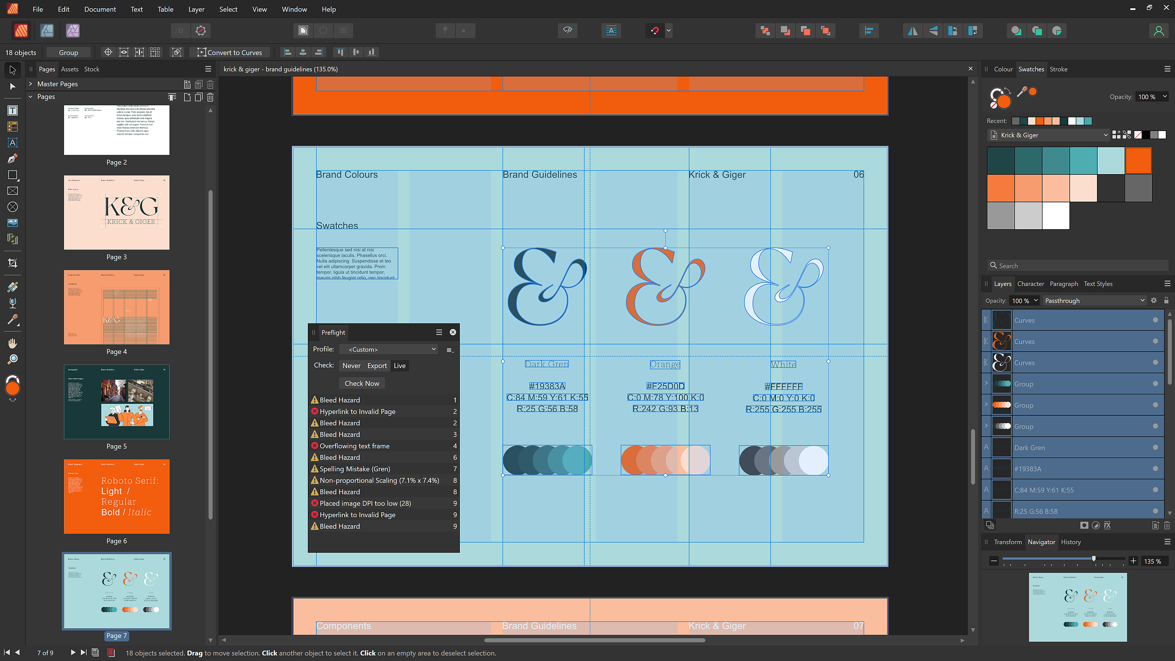 Un proyecto de muestra en Affinity Publisher que muestra la verificación previa.