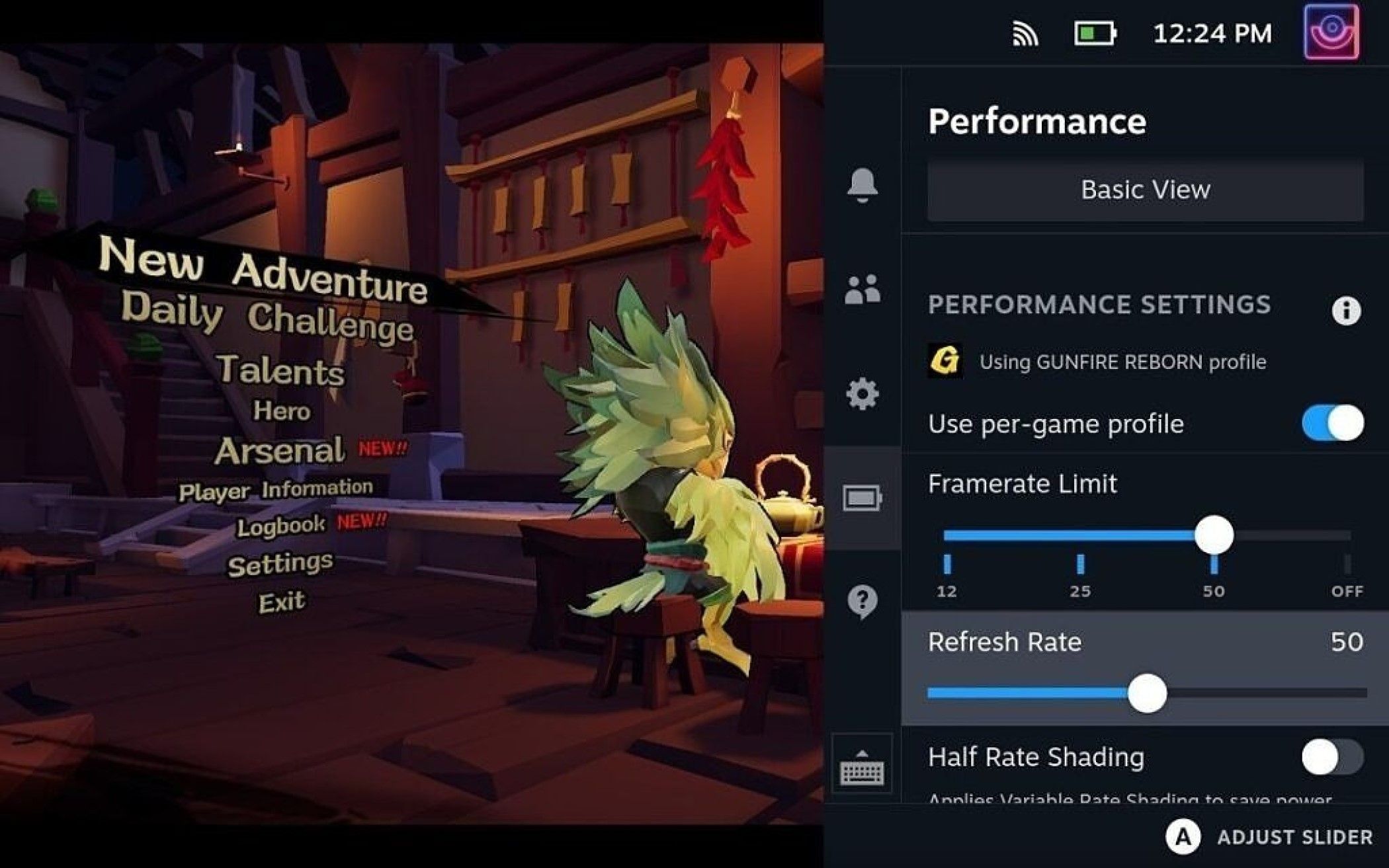 Captura de pantalla del menú de rendimiento de Steam Deck con opciones de límite de velocidad de cuadros