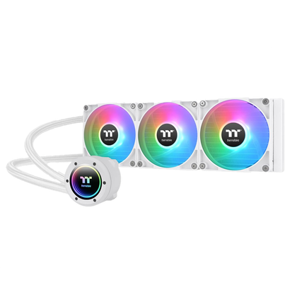 A Thermaltake CPU liquid cooler in white color