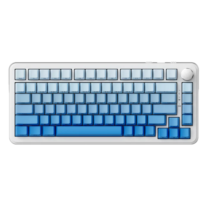 Teclado mecánico blanco con teclas azules y perilla