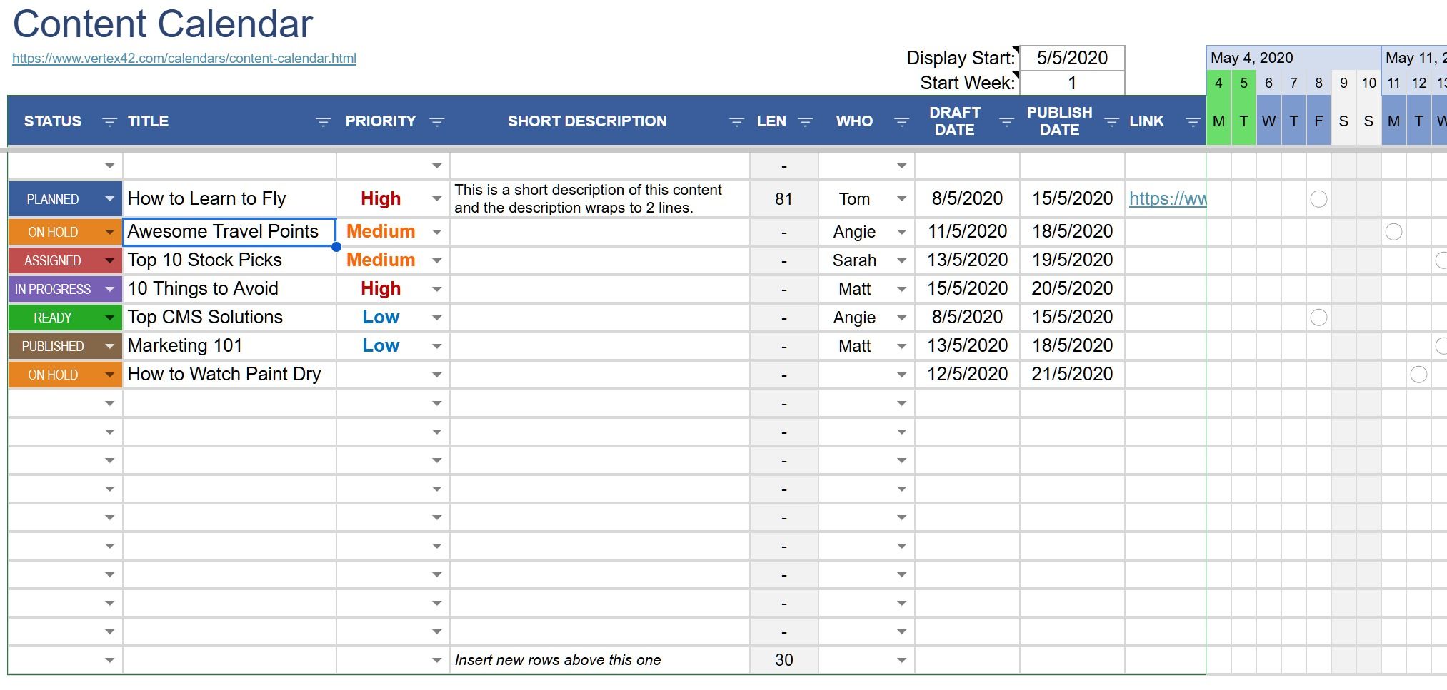 Content calendar template for Google Sheets