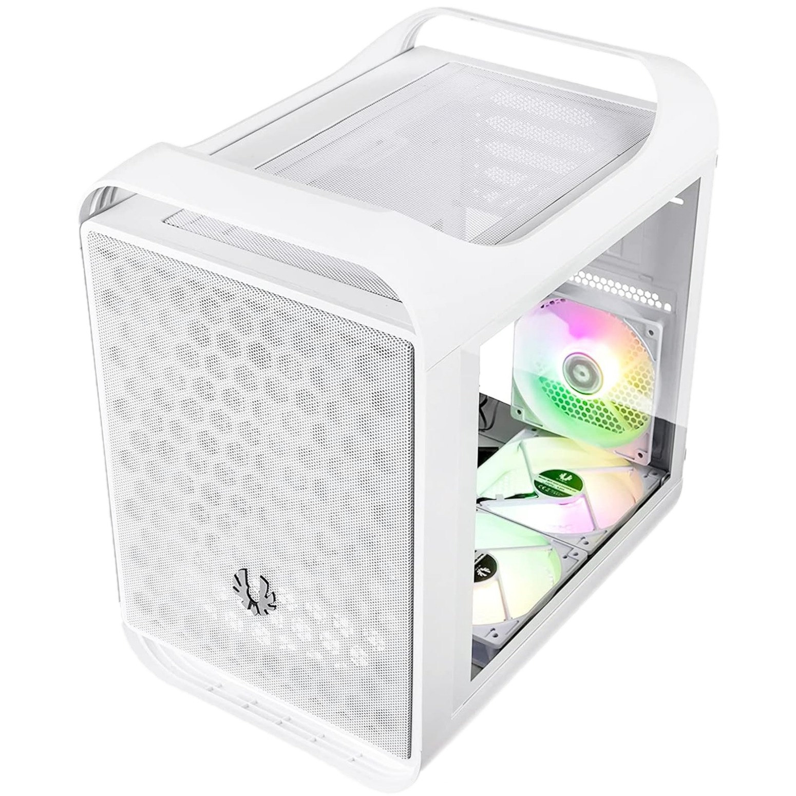 Una caja de PC blanca que muestra ventiladores RGB