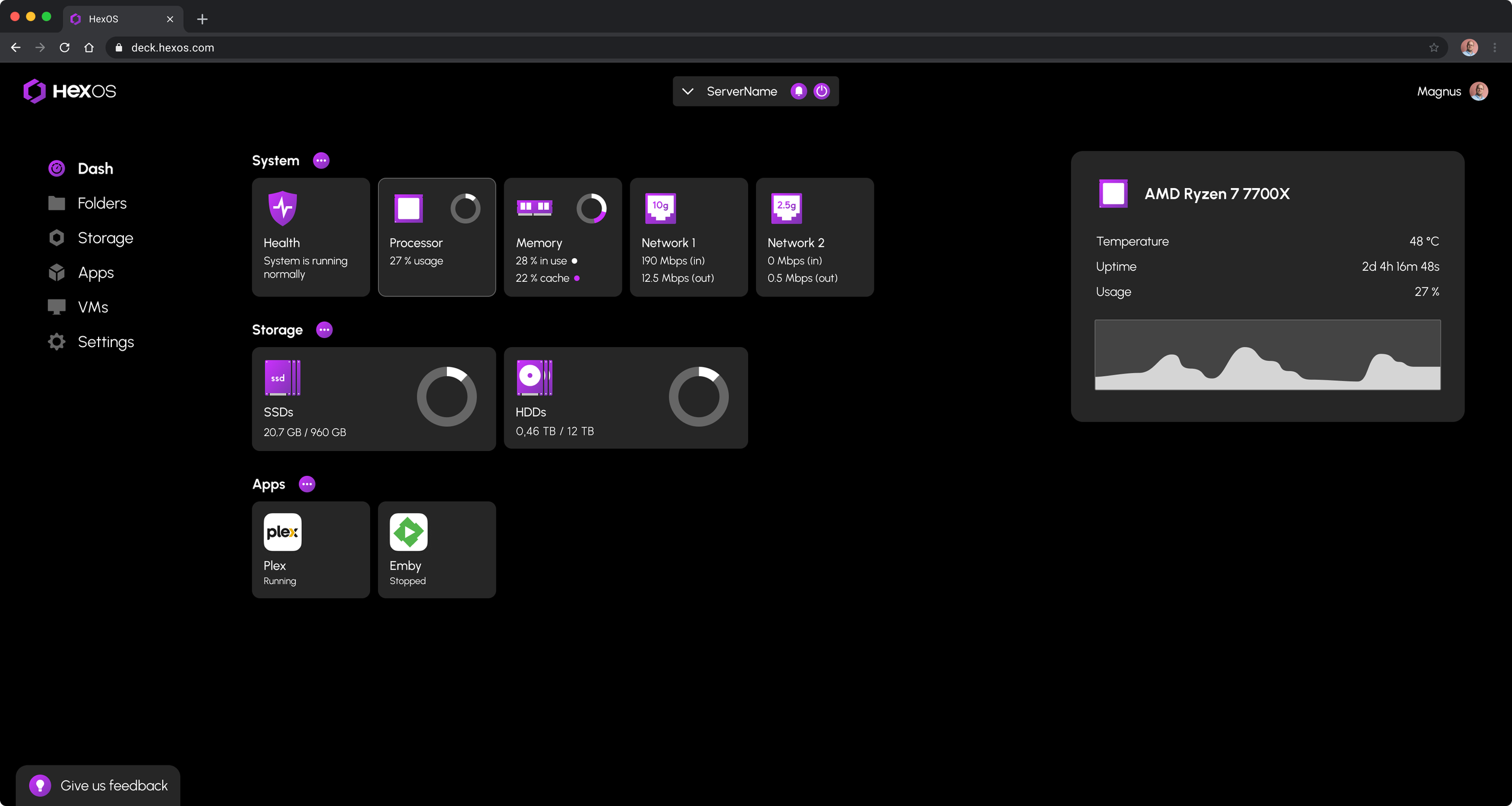 Panel de control de HexOS