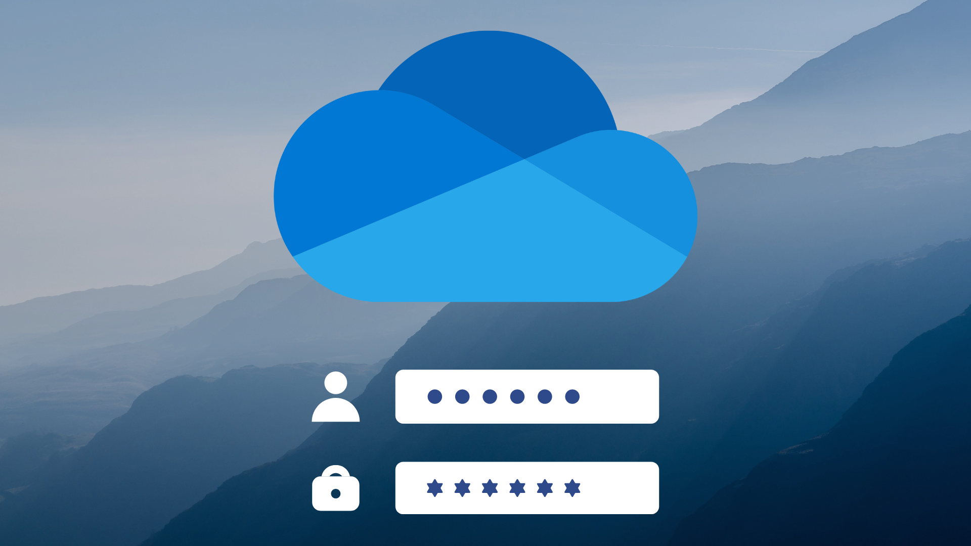 El logotipo de OneDrive sobre colinas con un cuadro de inicio de sesión.