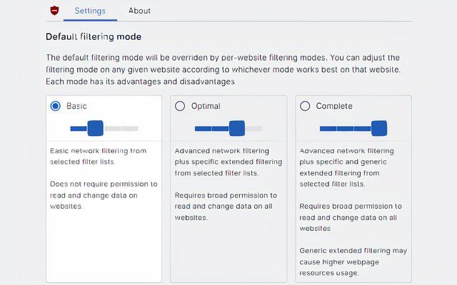 Opciones de filtrado de uBlock Origin Lite