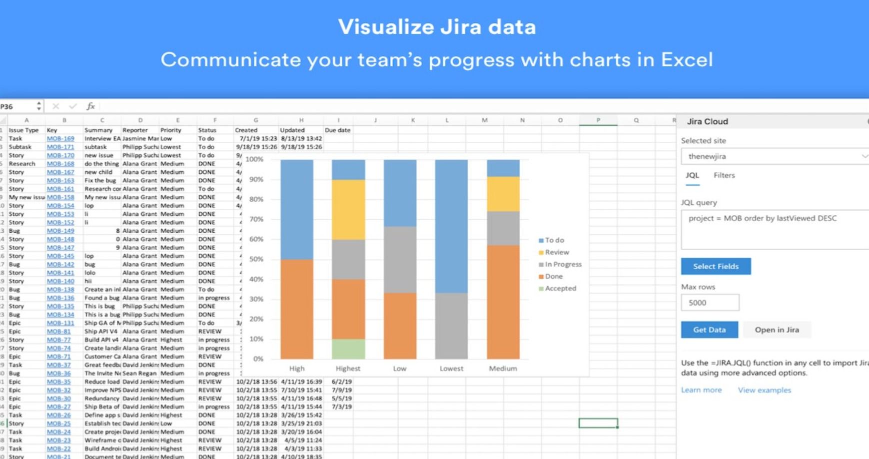 Complemento de nube Jira para Excel