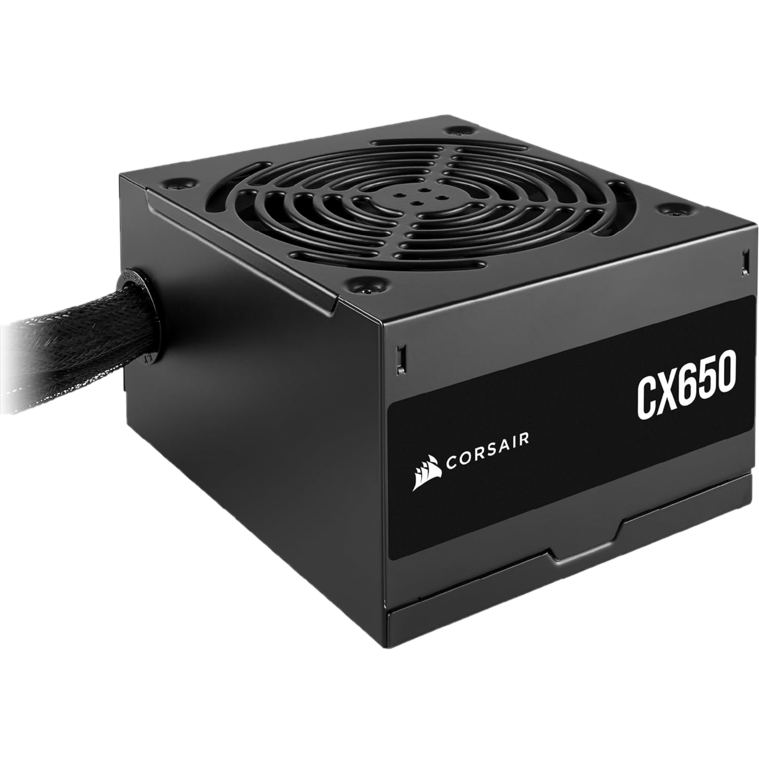 Representación en blanco de una fuente de alimentación (PSU) Corsair negra