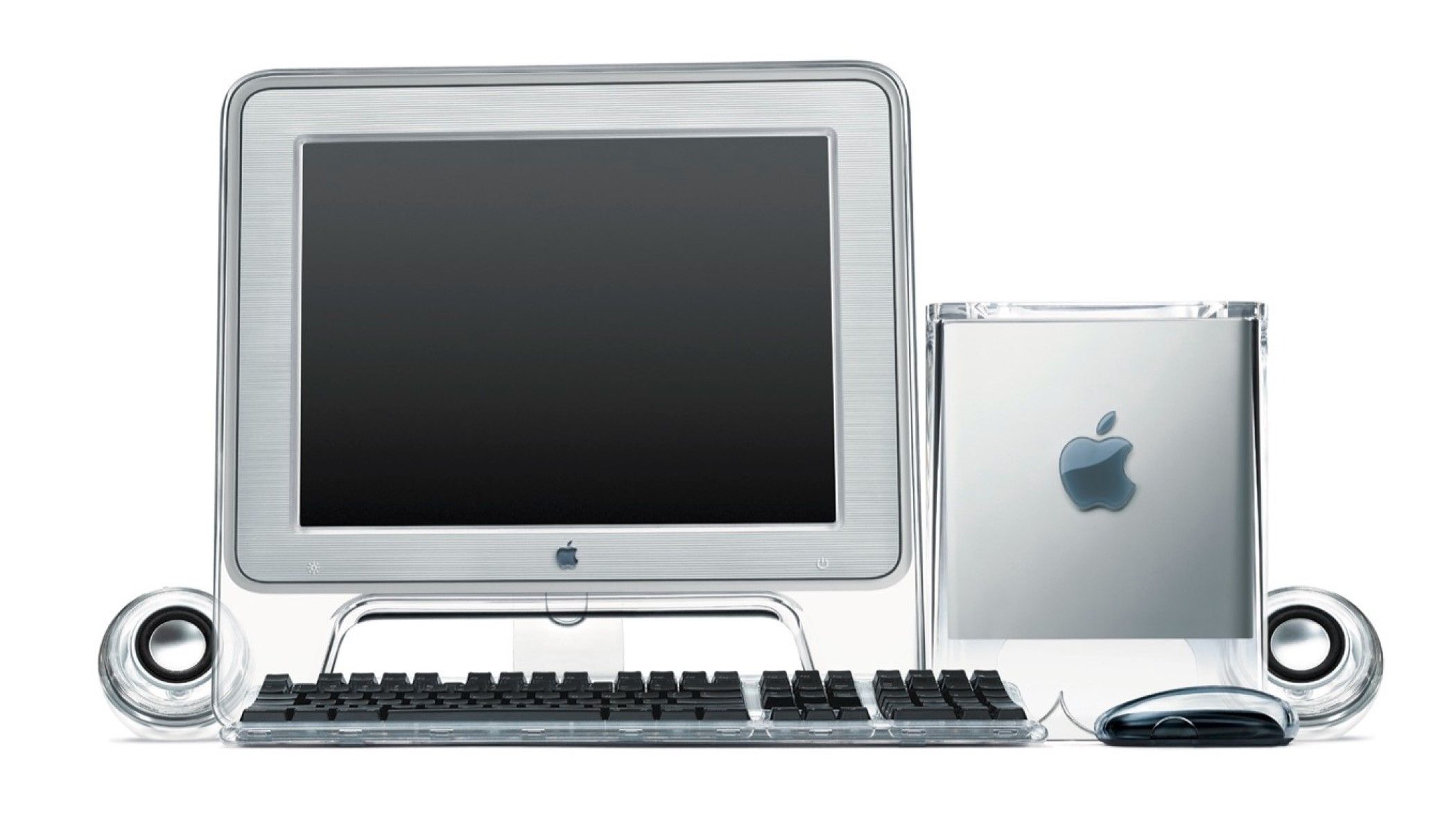 render of mac g4 cube with display and accessories