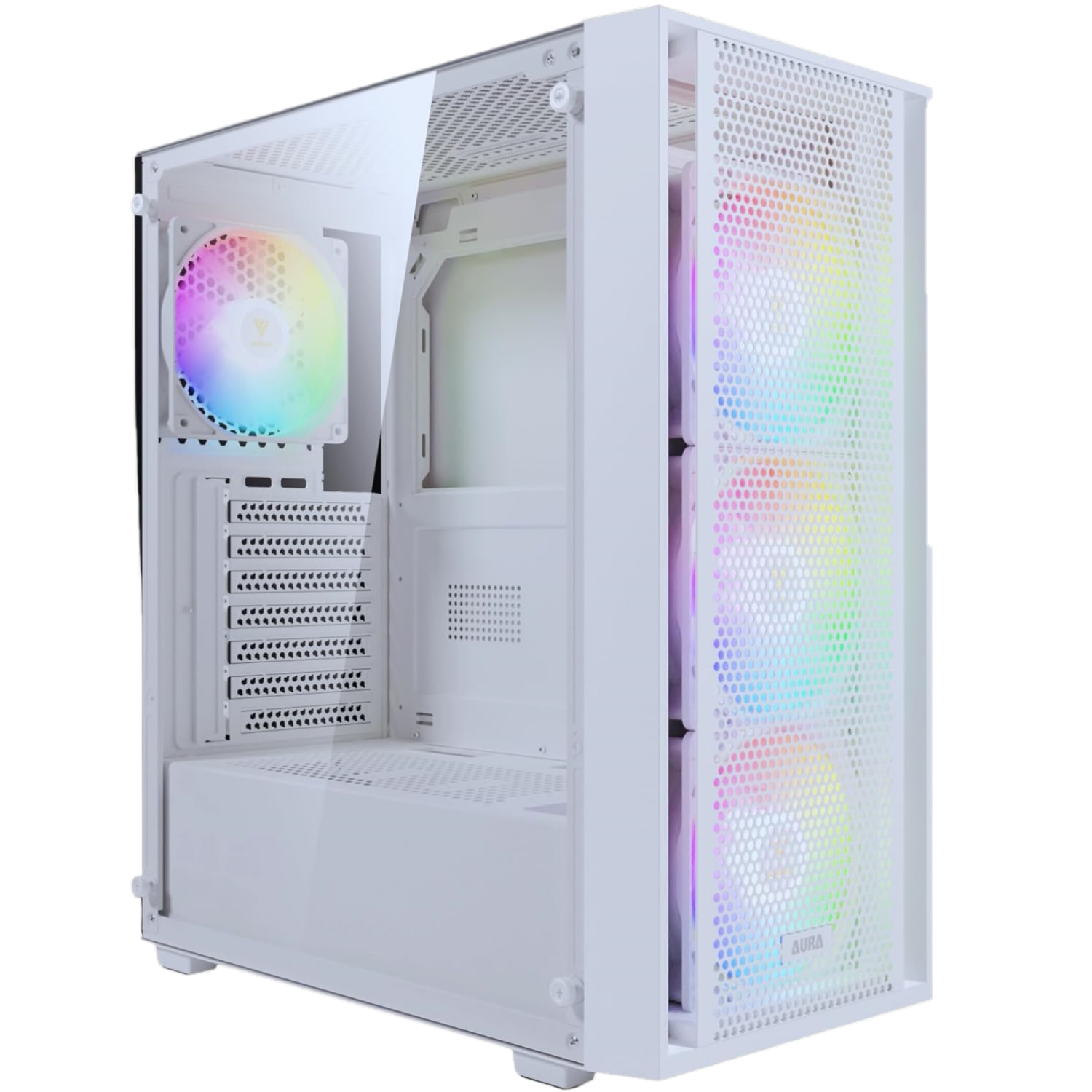 Representación en blanco de una caja de PC blanca con ventiladores RGB