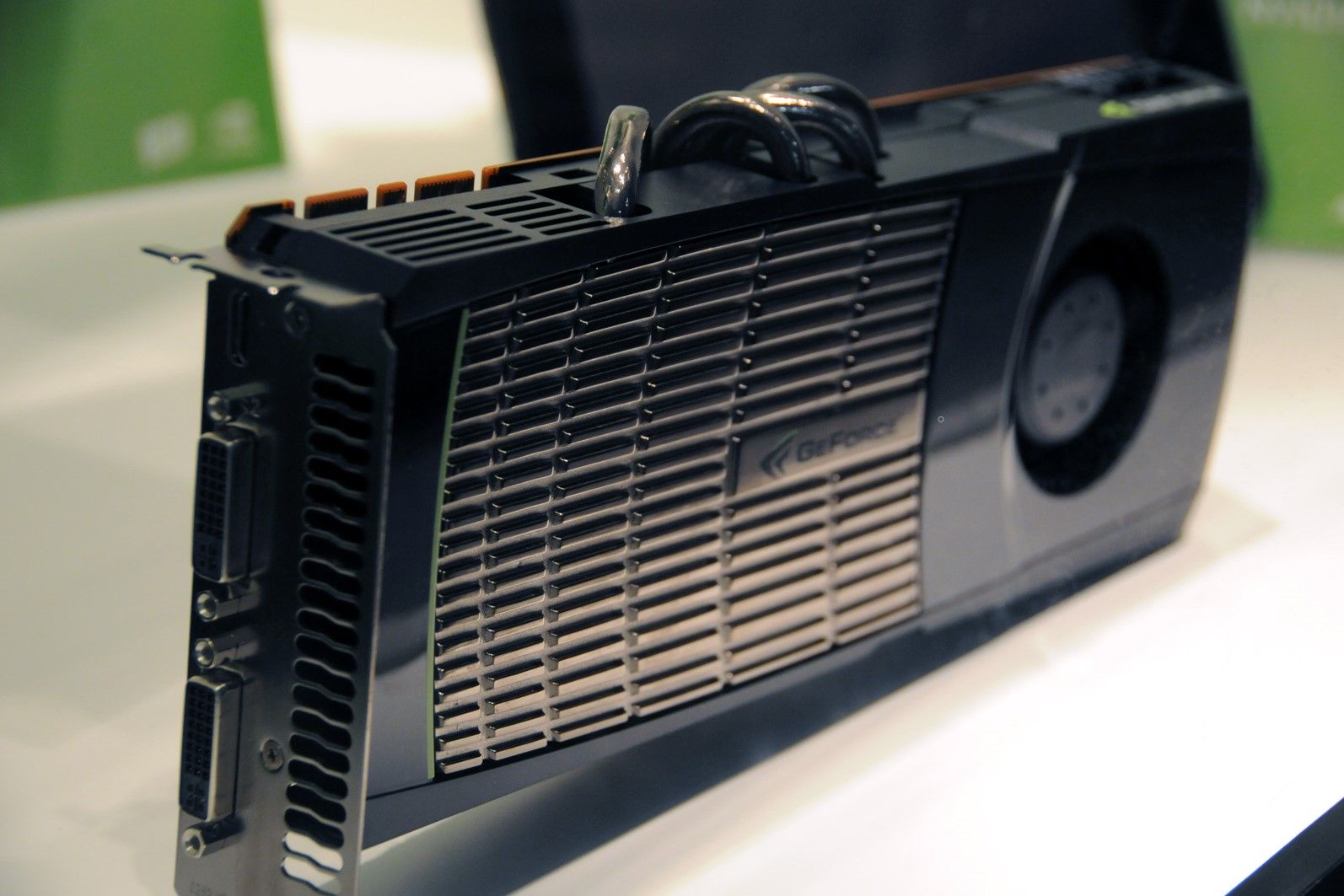 Close up of an old Nvidia graphics card on a white surface
