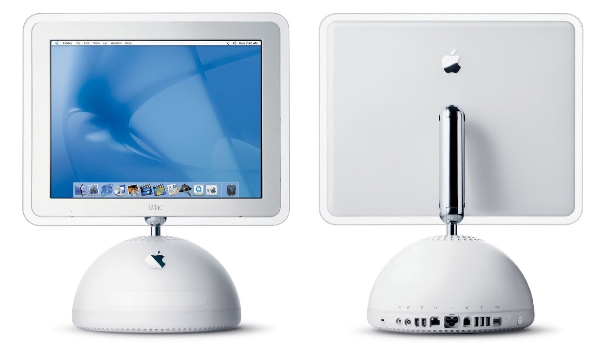 render of imac g4 seen from front and back