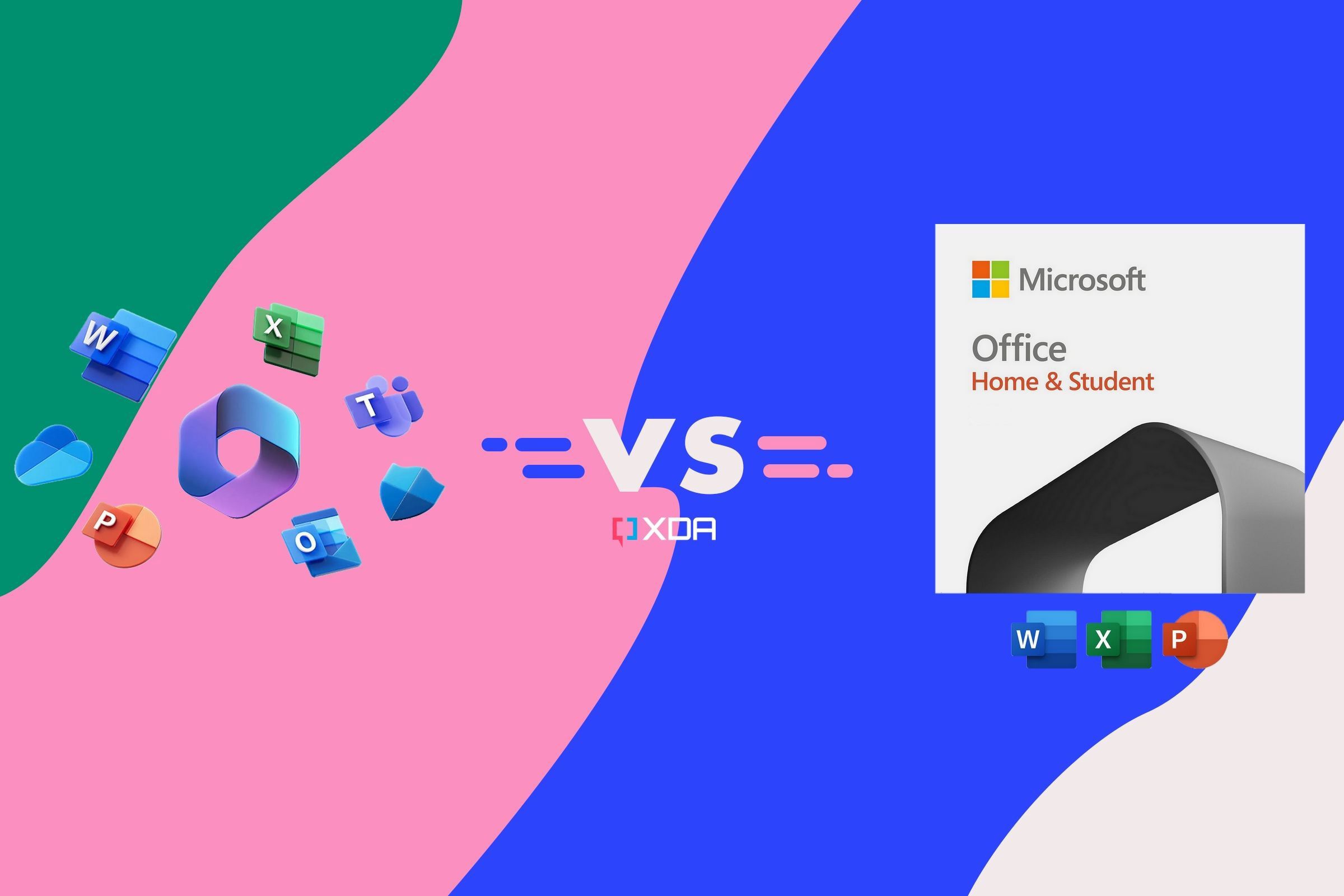 Un gráfico de Microsoft 365 y un gráfico de Office Hogar y Estudiantes con texto que lee VS entre ellos