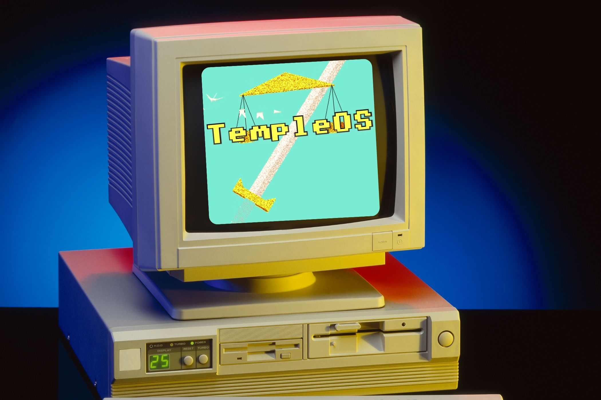 TempleOS superpuesto en una pantalla de computadora retro.