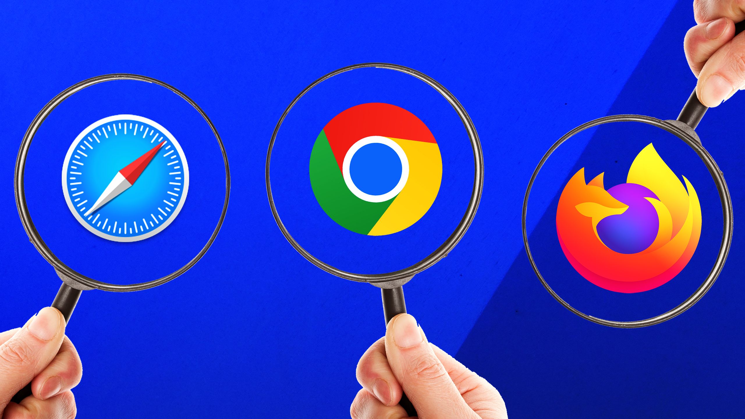 Browser logos behind magnifying glass.