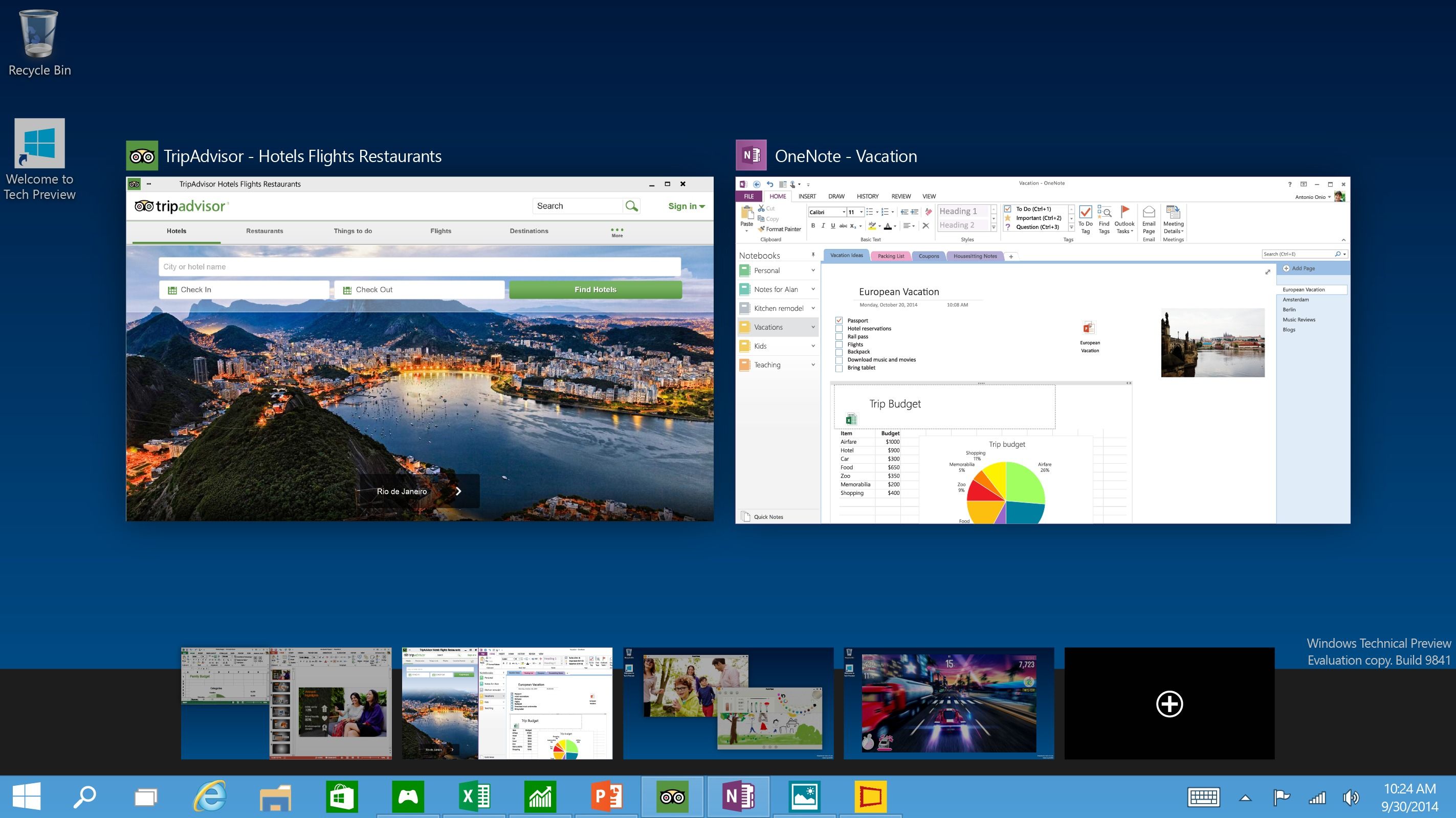 Captura de pantalla de la versión preliminar técnica 9841 de Windows 10 que muestra la pantalla de vista de tareas con varios escritorios virtuales