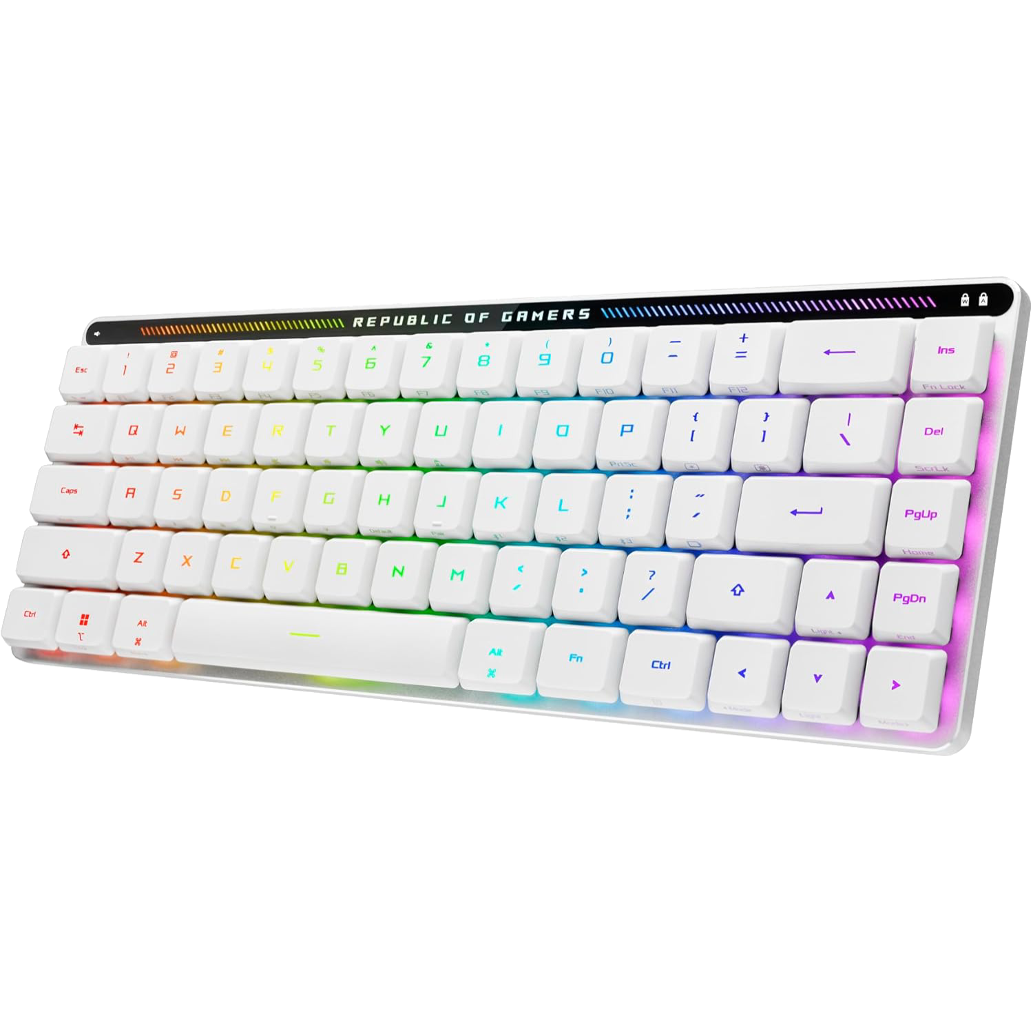 Representación transparente de un teclado mecánico blanco que muestra iluminación RGB