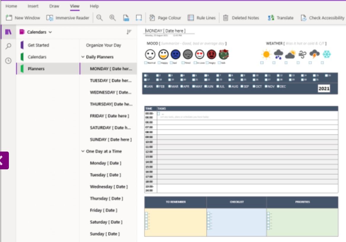 Plantilla de calendario y planificador en OneNote