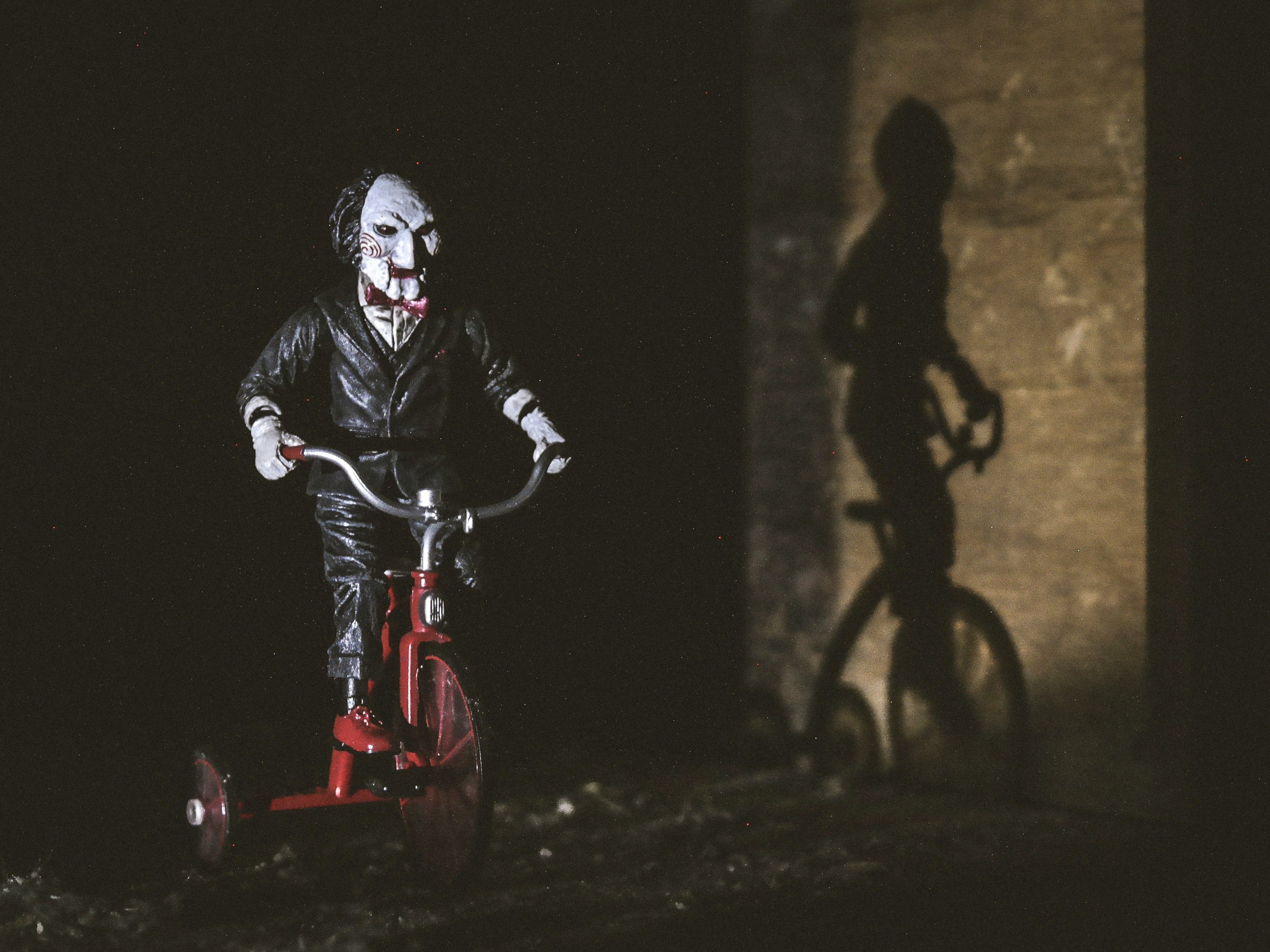 Billy the puppet on a bike.