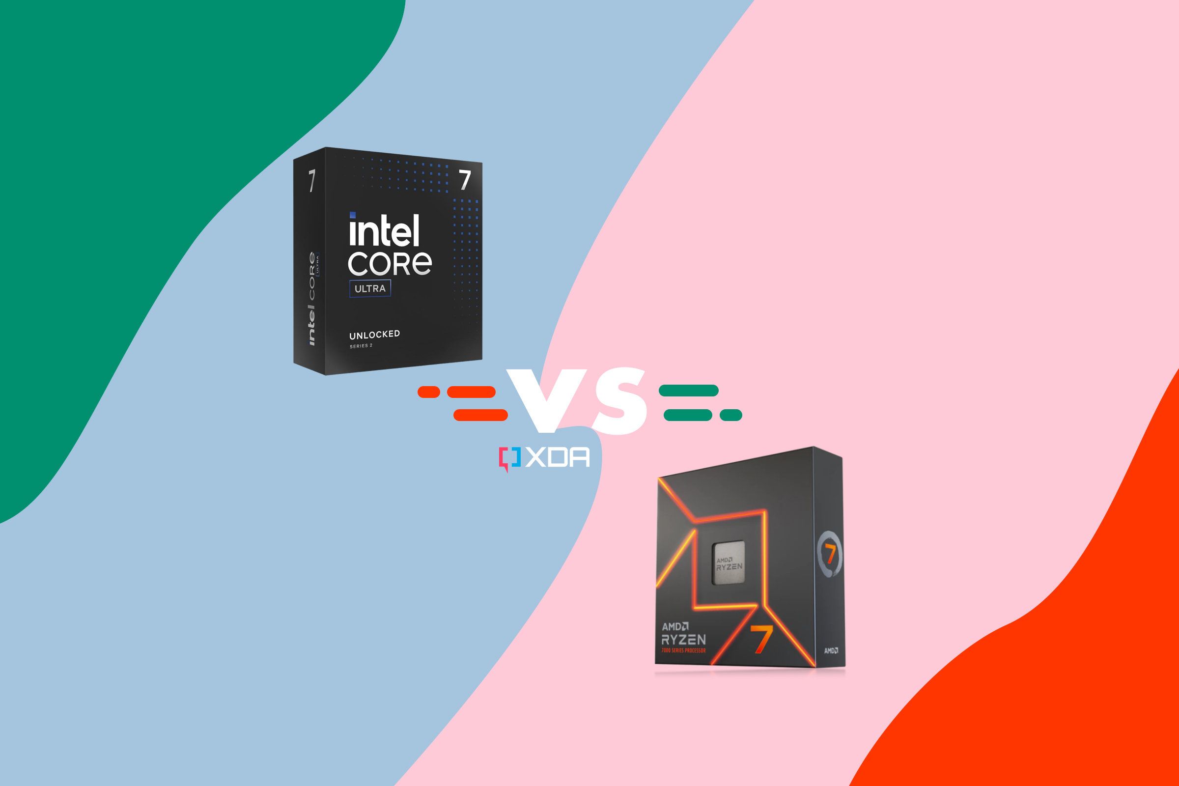 renders de la caja Intel Core Ultra 7 265k y la caja Ryzen 7 9700x con la palabra vs entre ellas