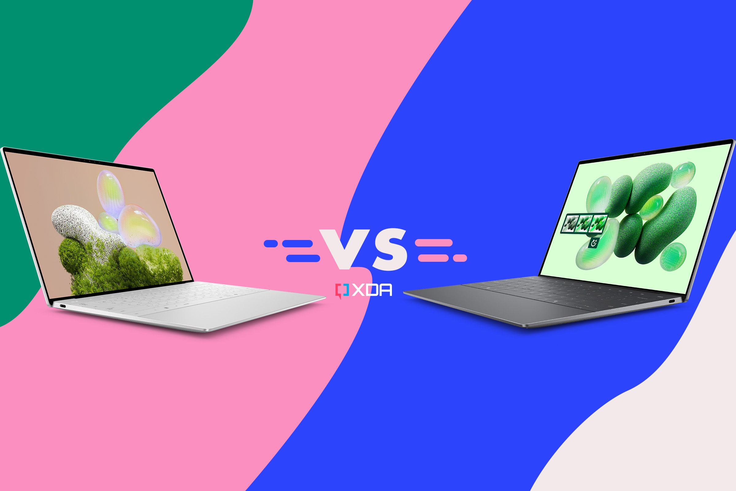 Dos portátiles Dell XPS 13 de diferentes colores enfrentados con texto en pantalla VS entre ellos