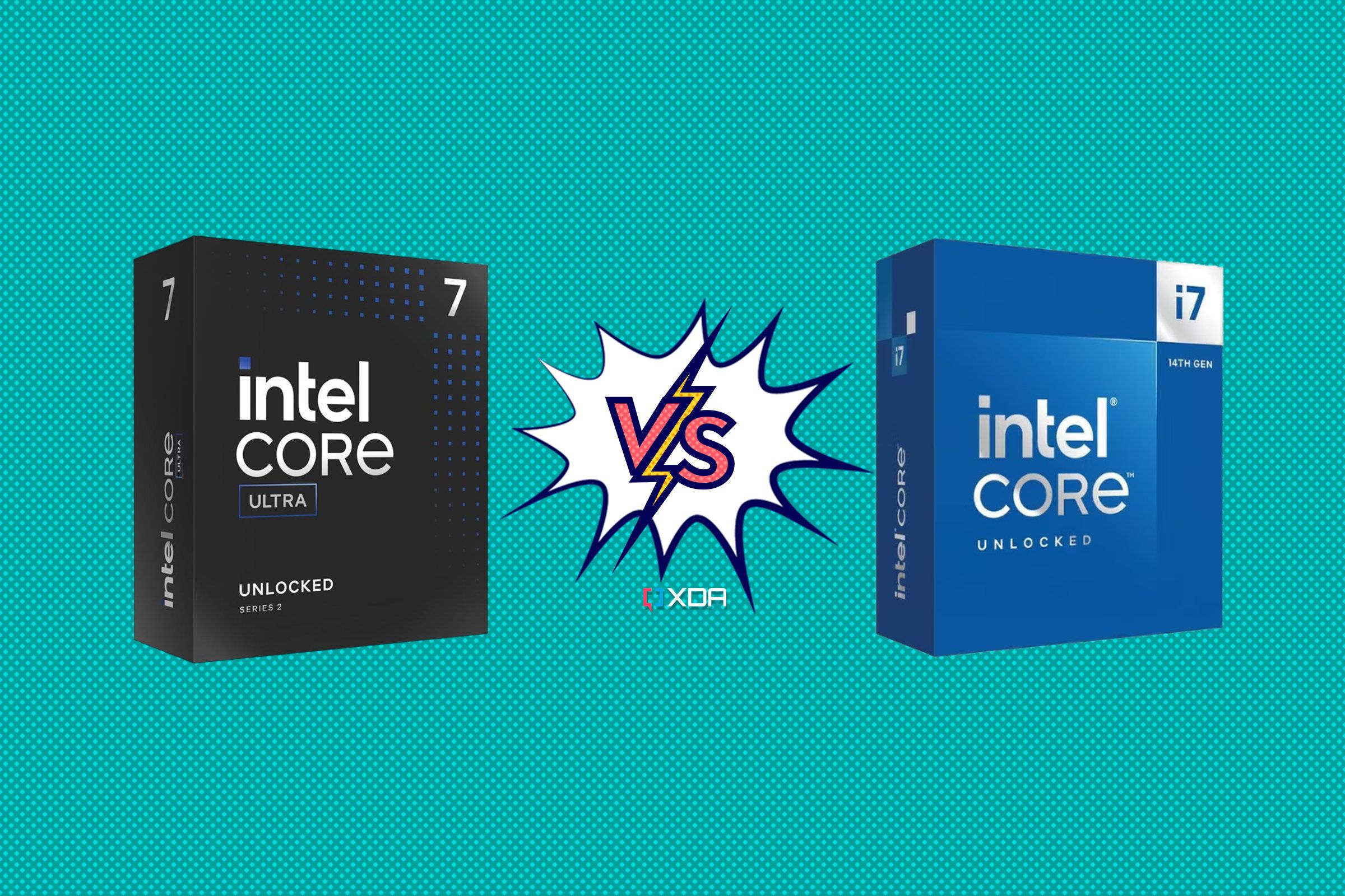 Representaciones de los procesadores Intel Core Ultra 265k e Intel Core i7 14700k con la palabra vs entre ellos