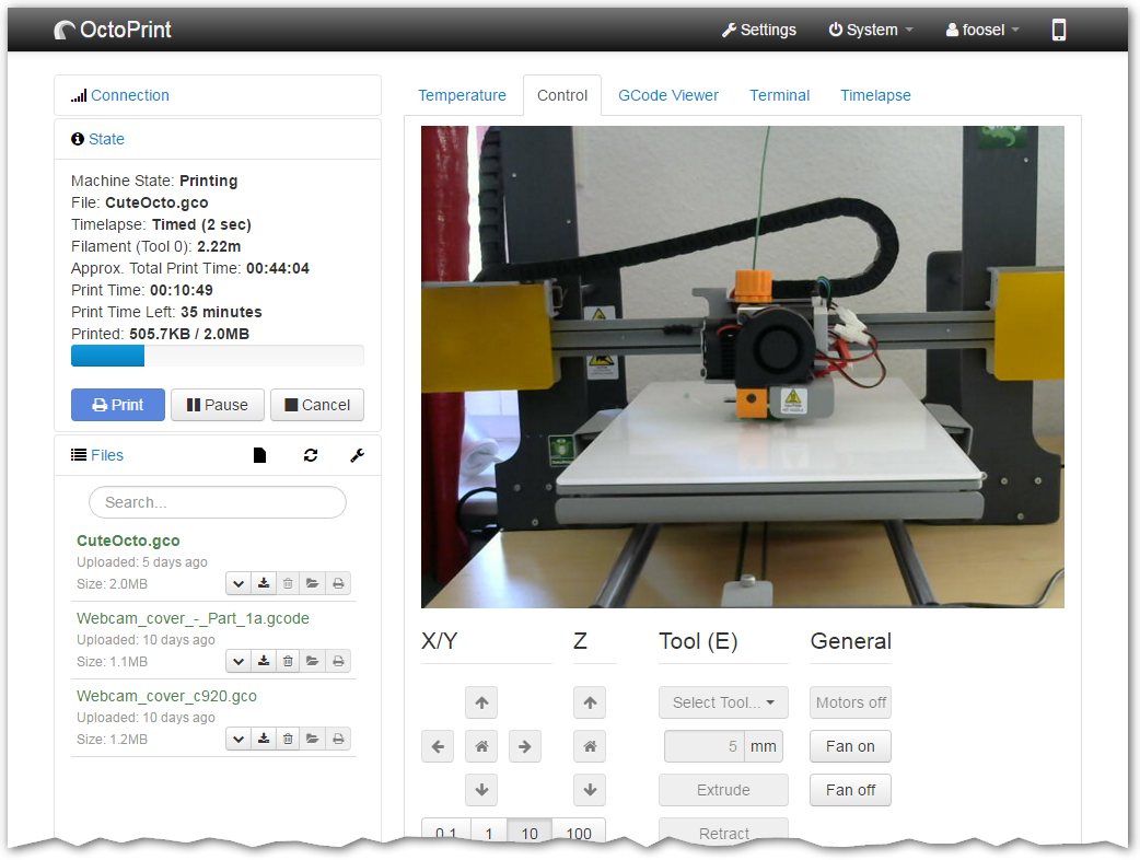 octoprint control tab