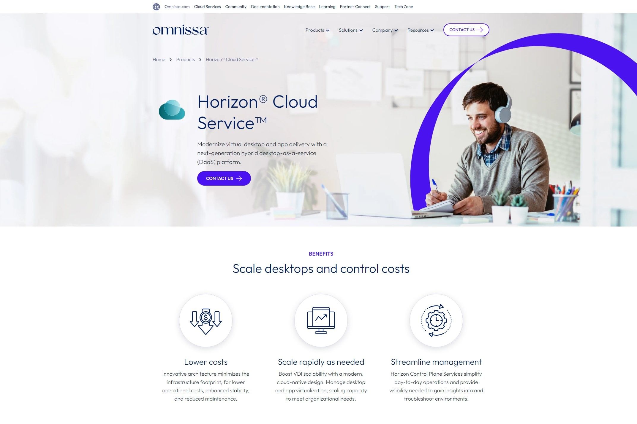 Captura de pantalla de la página web de Omnissa Horizon Cloud