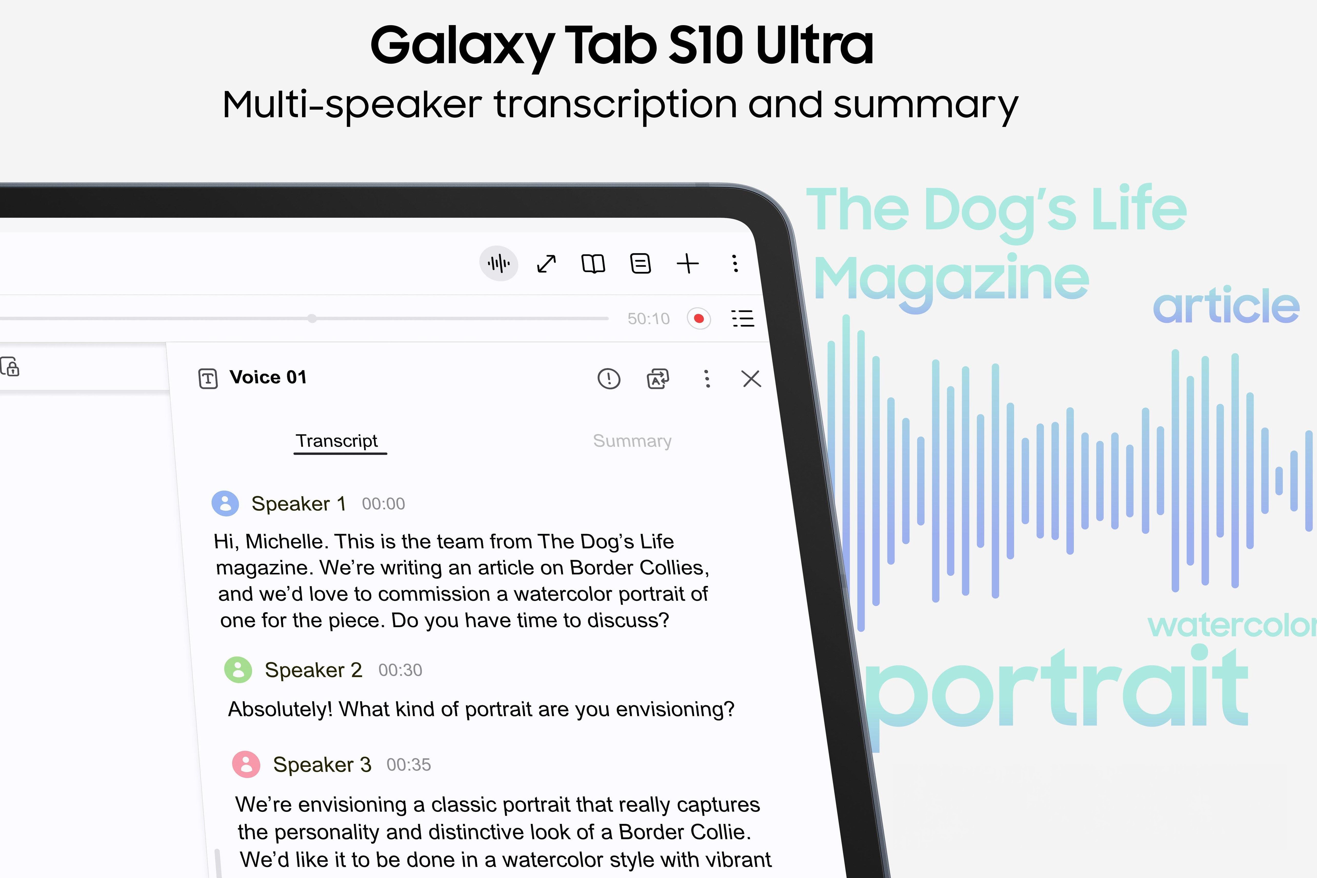 A Samsung Galaxy Tab S10 Ultra showing an audio transcription in the Notes app