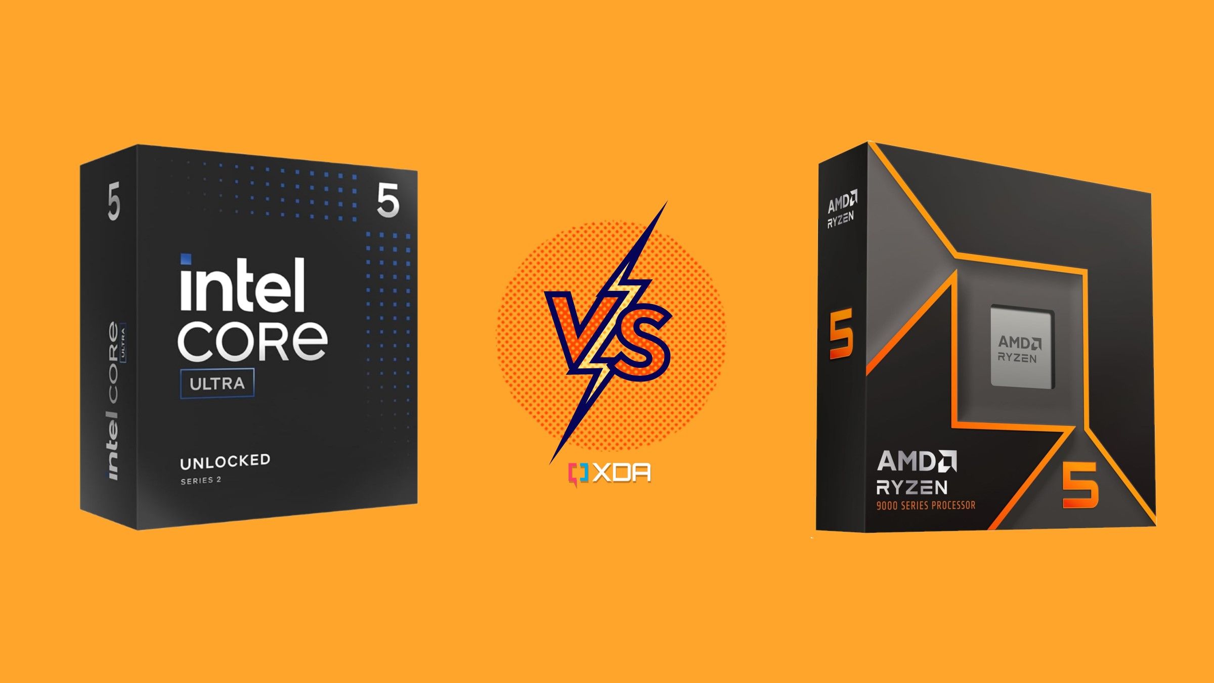 Comparación de XDA Orange en segundo plano con Core Ultra 5 245K y Ryzen 5 9600X mostrados uno al lado del otro