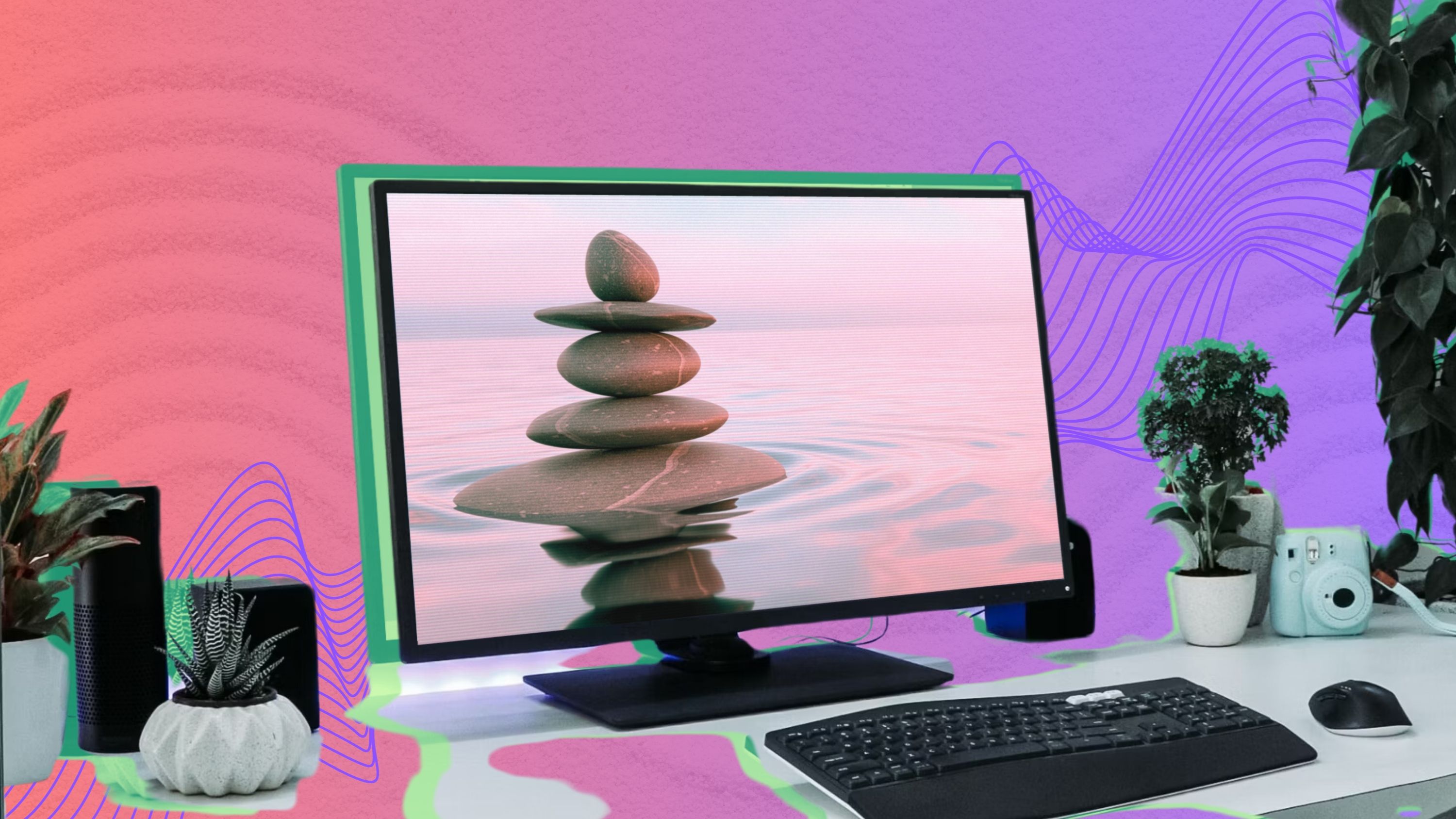 Equilibrio entre vida laboral y personal representado en un monitor de computadora