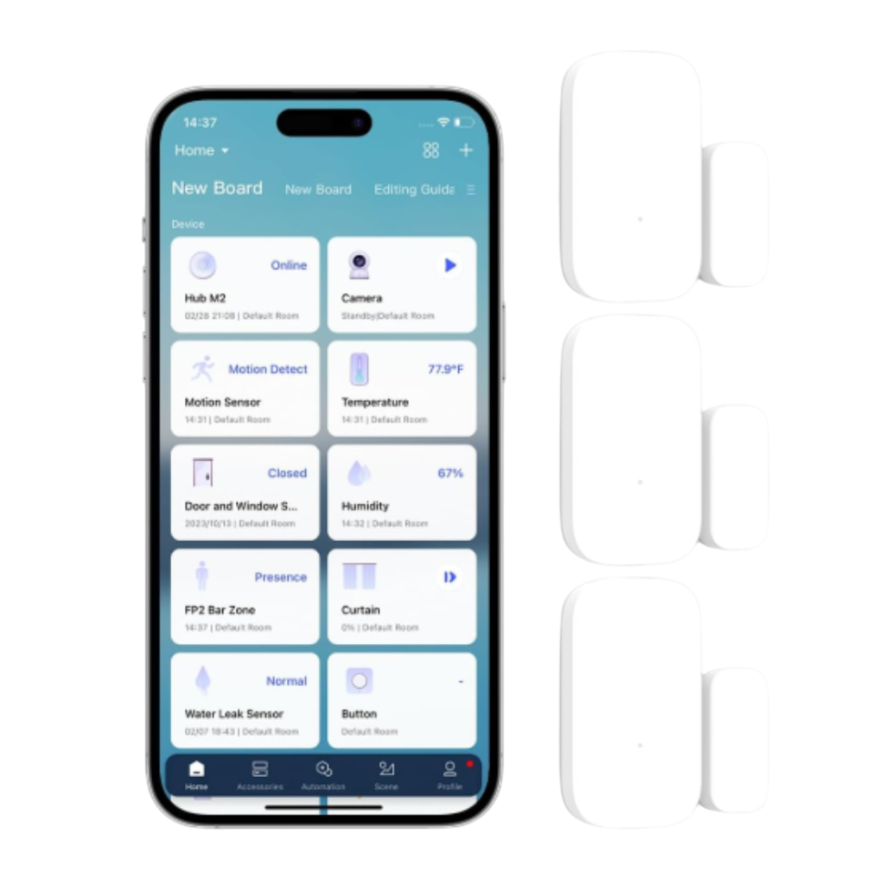 Una representación transparente del kit de sensor de puertas y ventanas Aqara