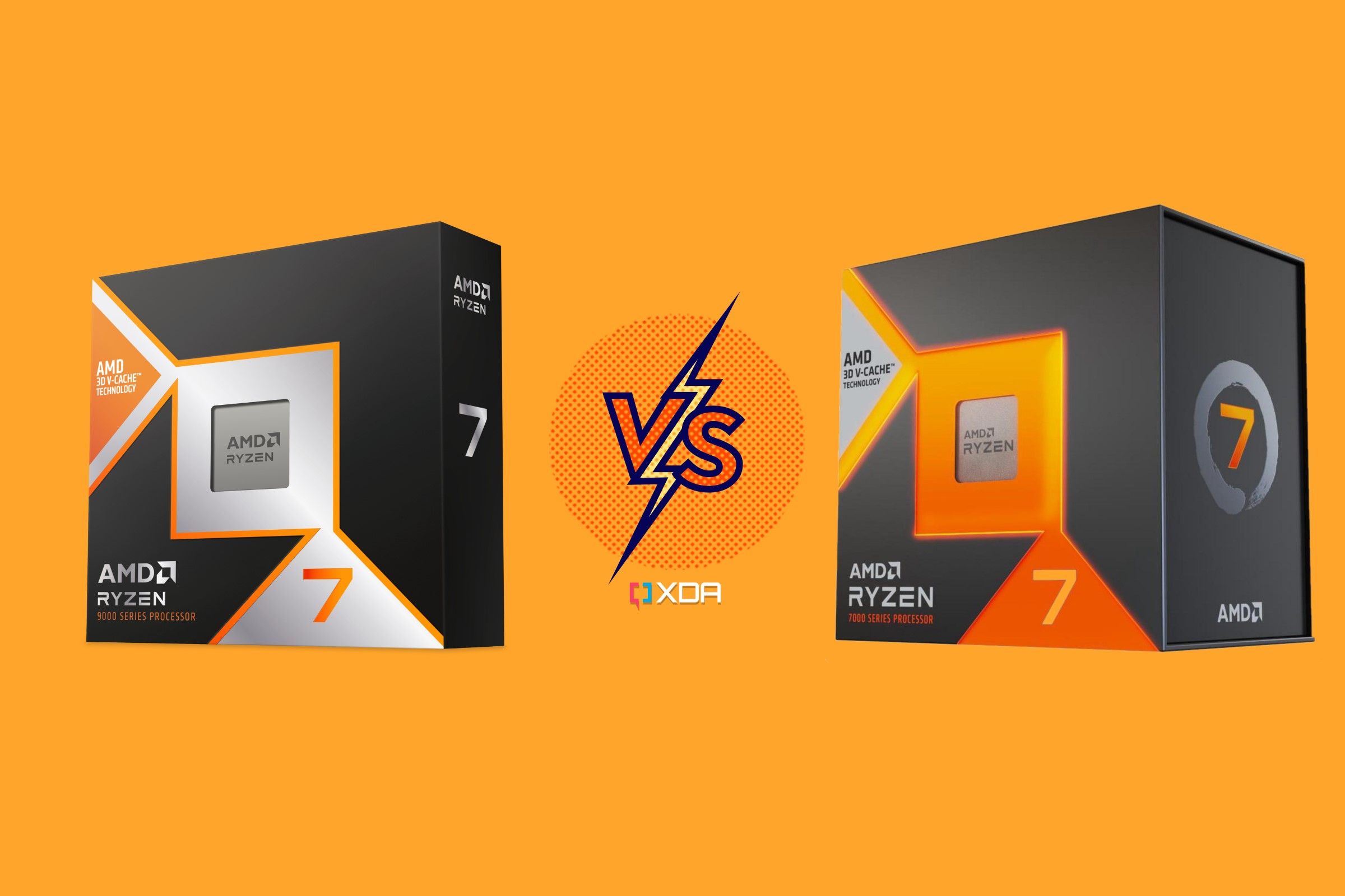 XDA versus background con el Ryzen 7 9800X3D y Ryzen 7 7800X3D en ambos lados