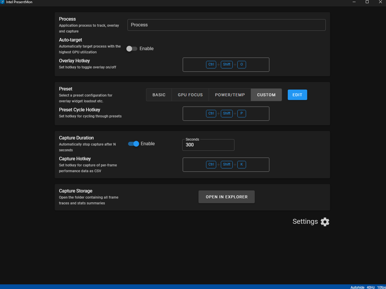 Una captura de pantalla que muestra la configuración en IntelPresentMon