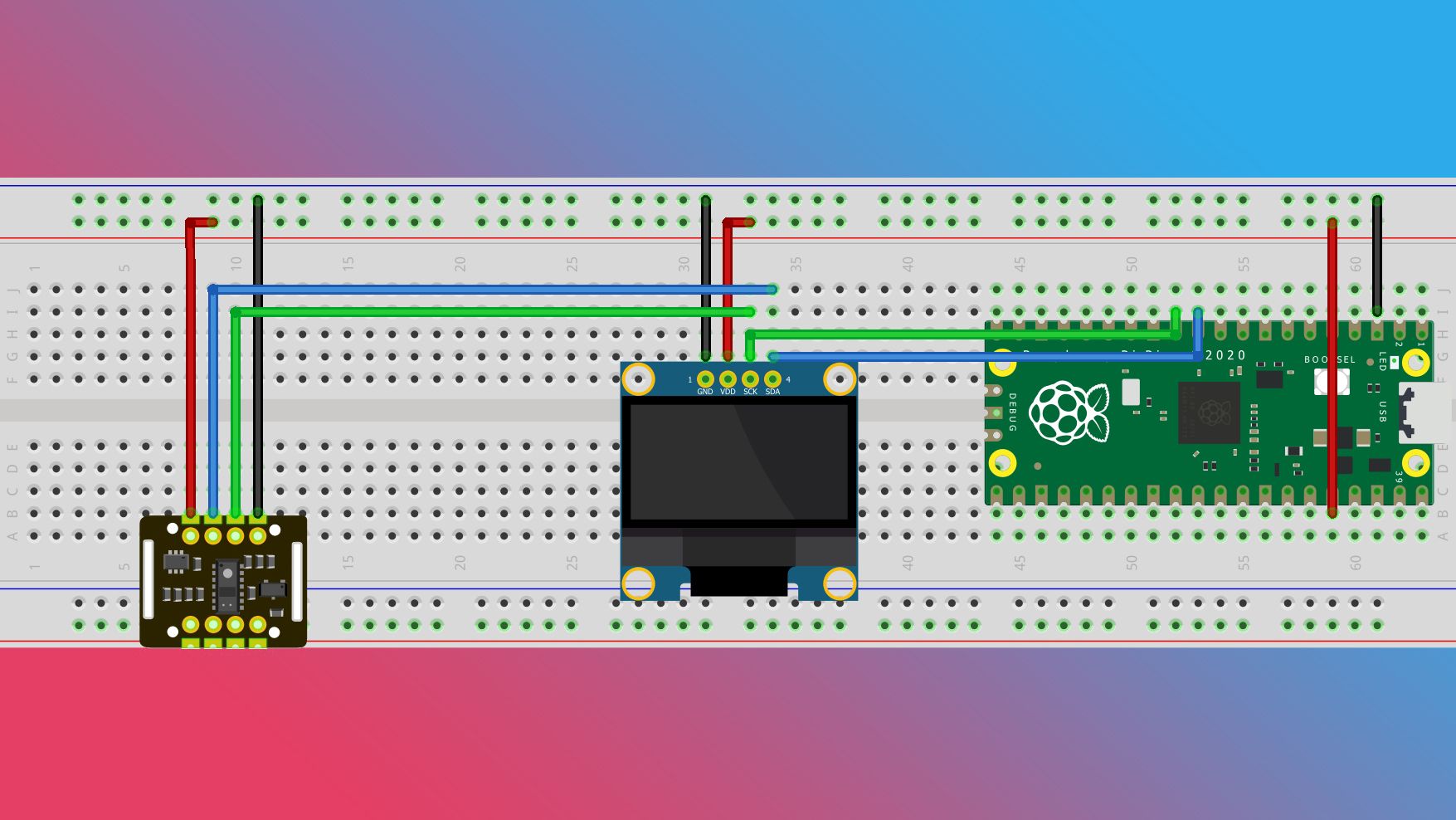 Todos los componentes están conectados a los pines I2C de Pico.