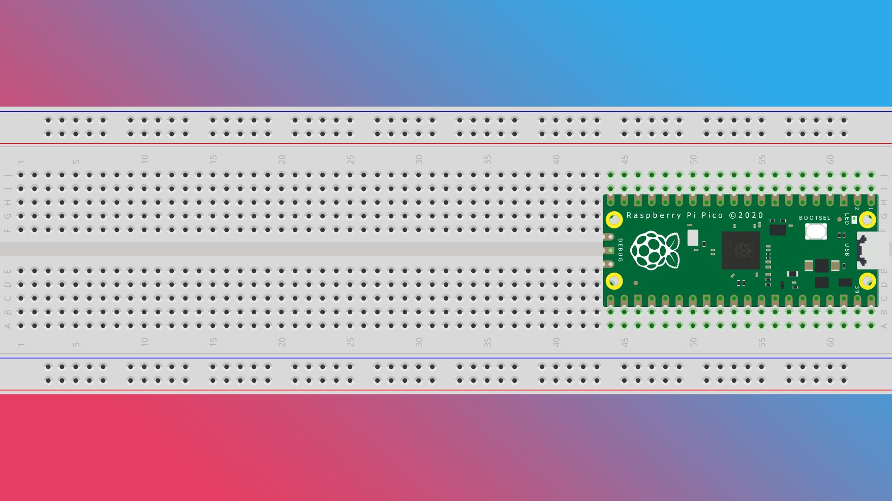 Esquema de Raspberry Pi Pico en placa de pruebas