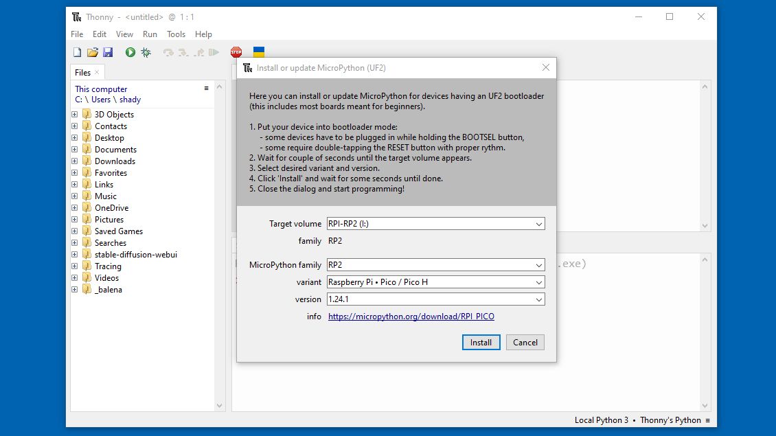 Cuadro de diálogo de instalación de MicroPython de Thonny