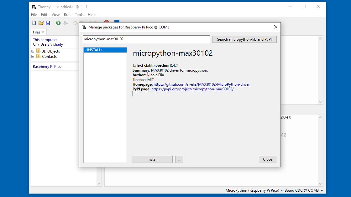 Ventana de instalación de la biblioteca Thonny micropython-max30102